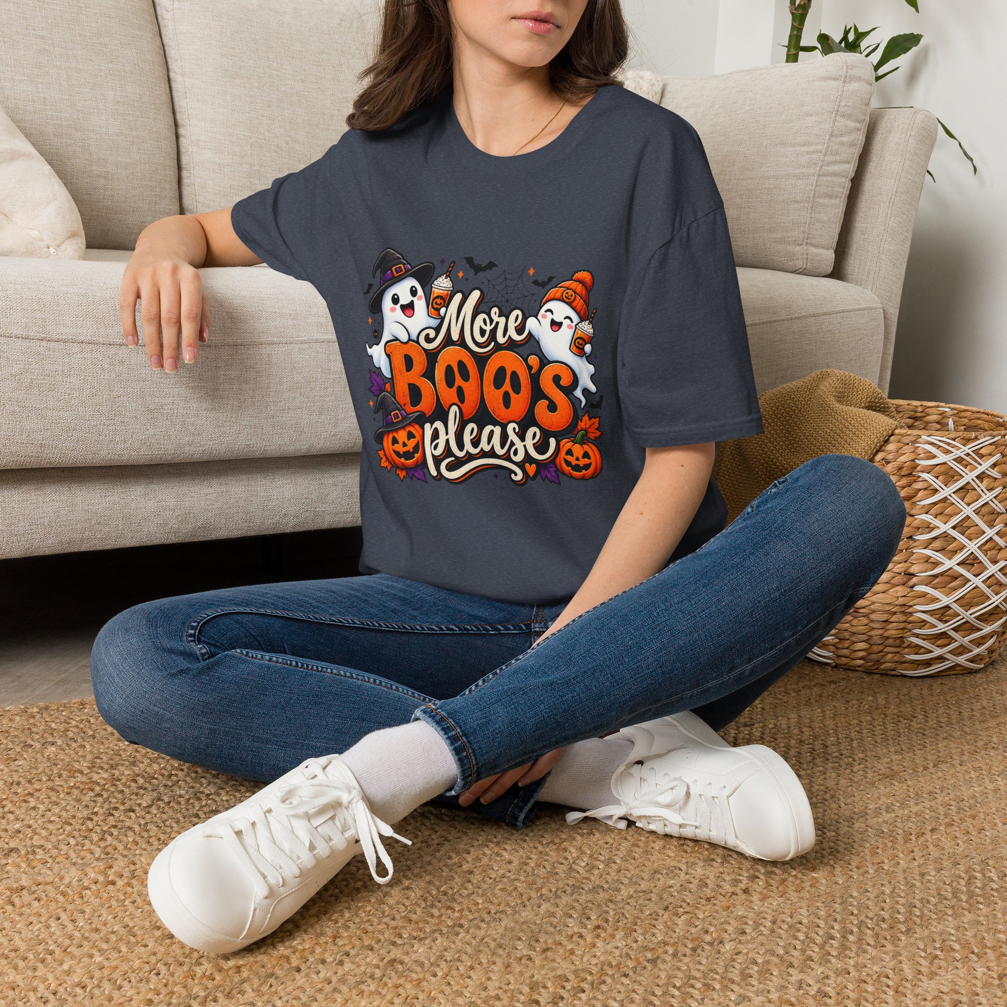 More Boos Please Halloween T Shirt print detail – ghosts and pumpkin graphic