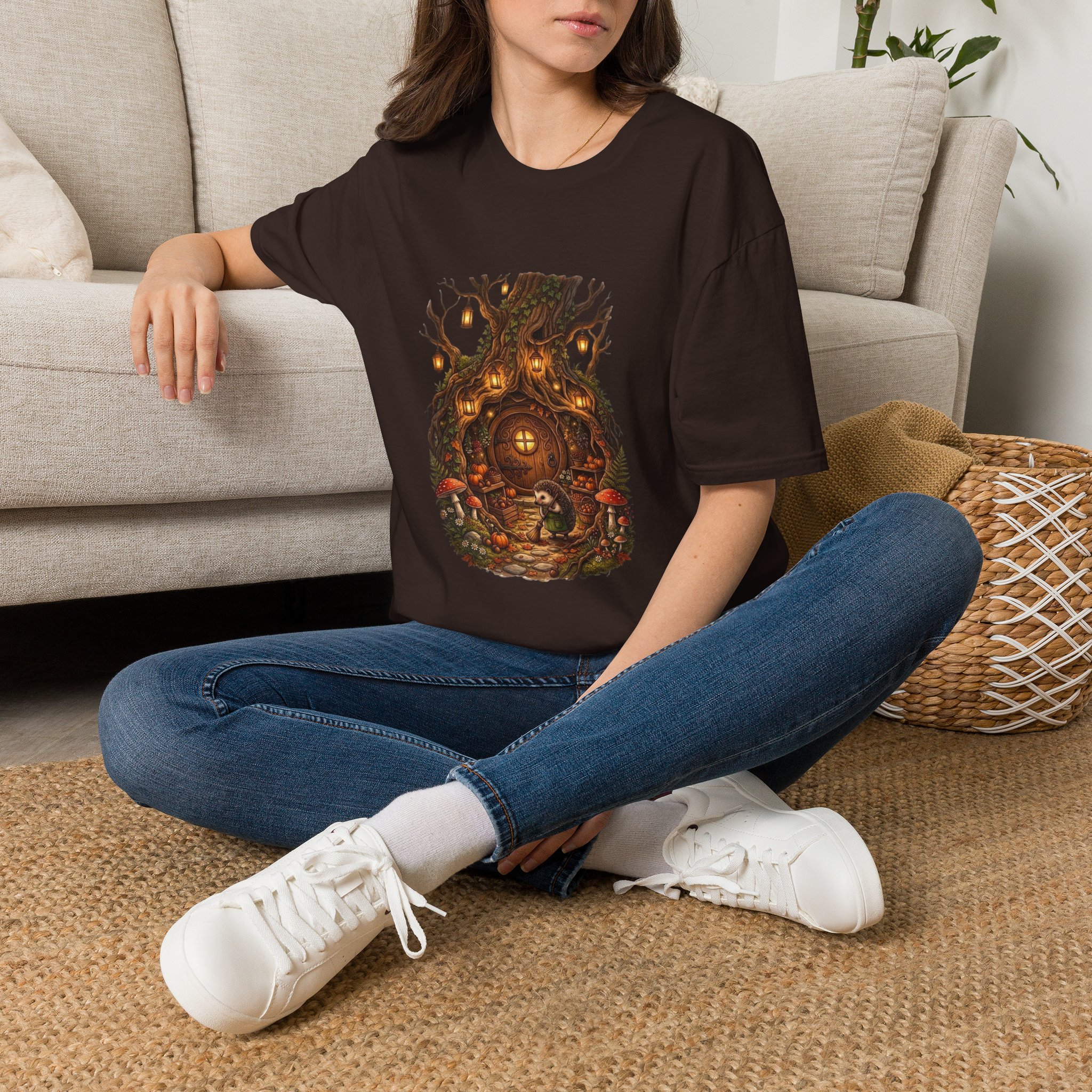 Fantasy treehouse t‑shirt featuring a lantern‑lit woodland scene