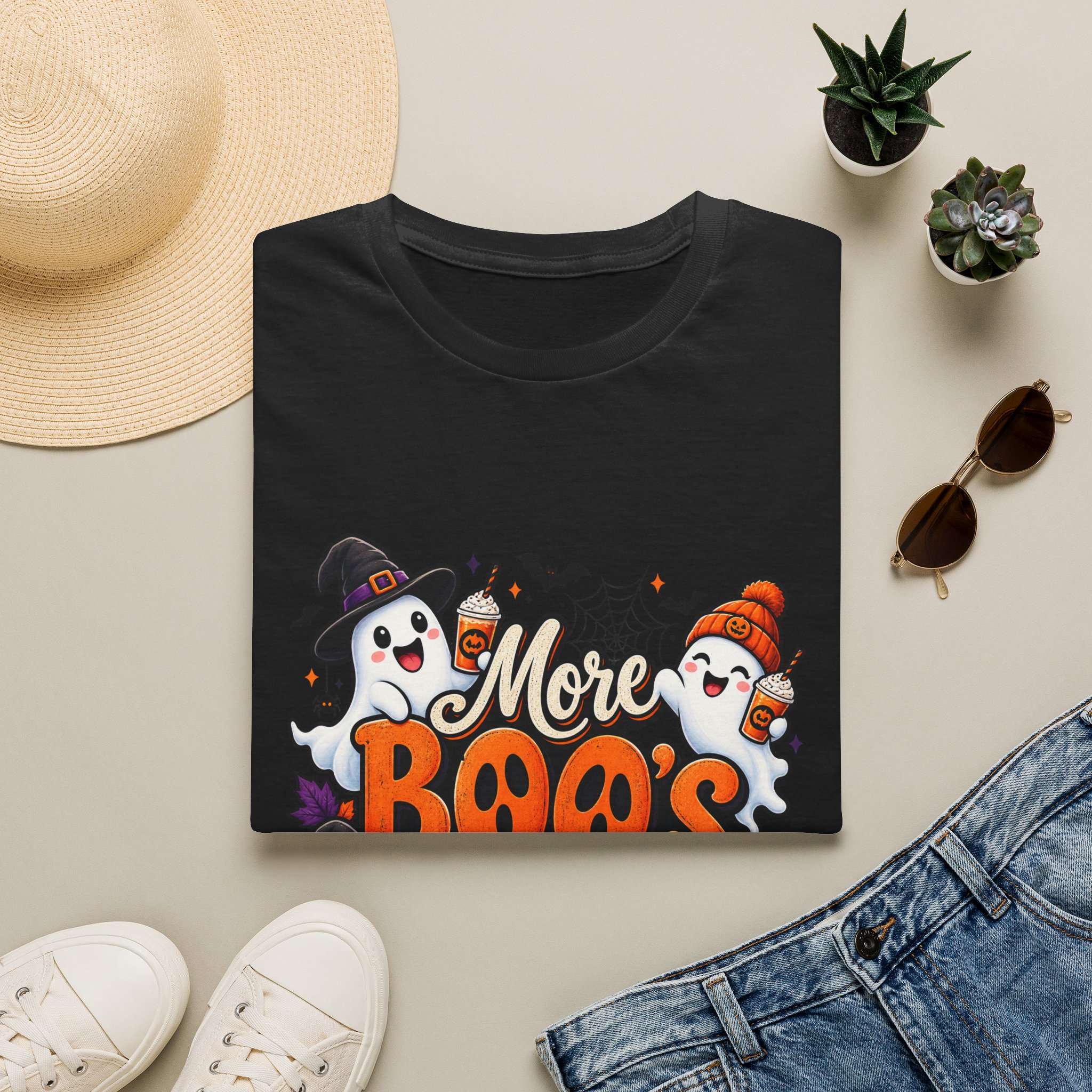More Boos Please Halloween T Shirt print detail – ghosts and pumpkin graphic