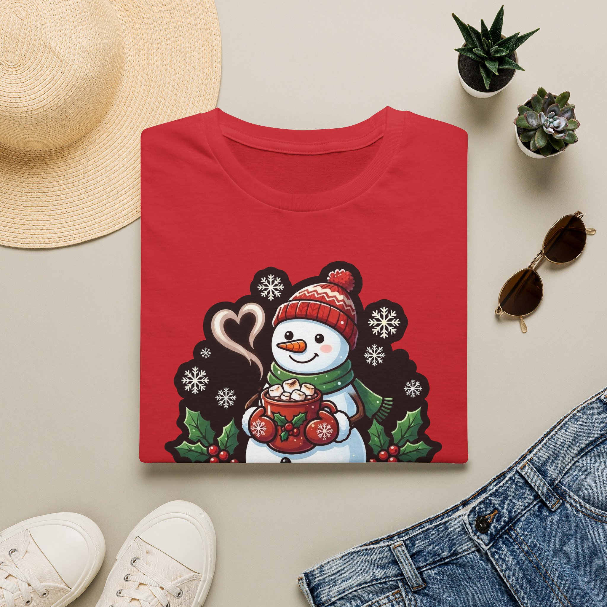 Flat lay of Christmas Snowman T‑shirt showing the holiday snowman print