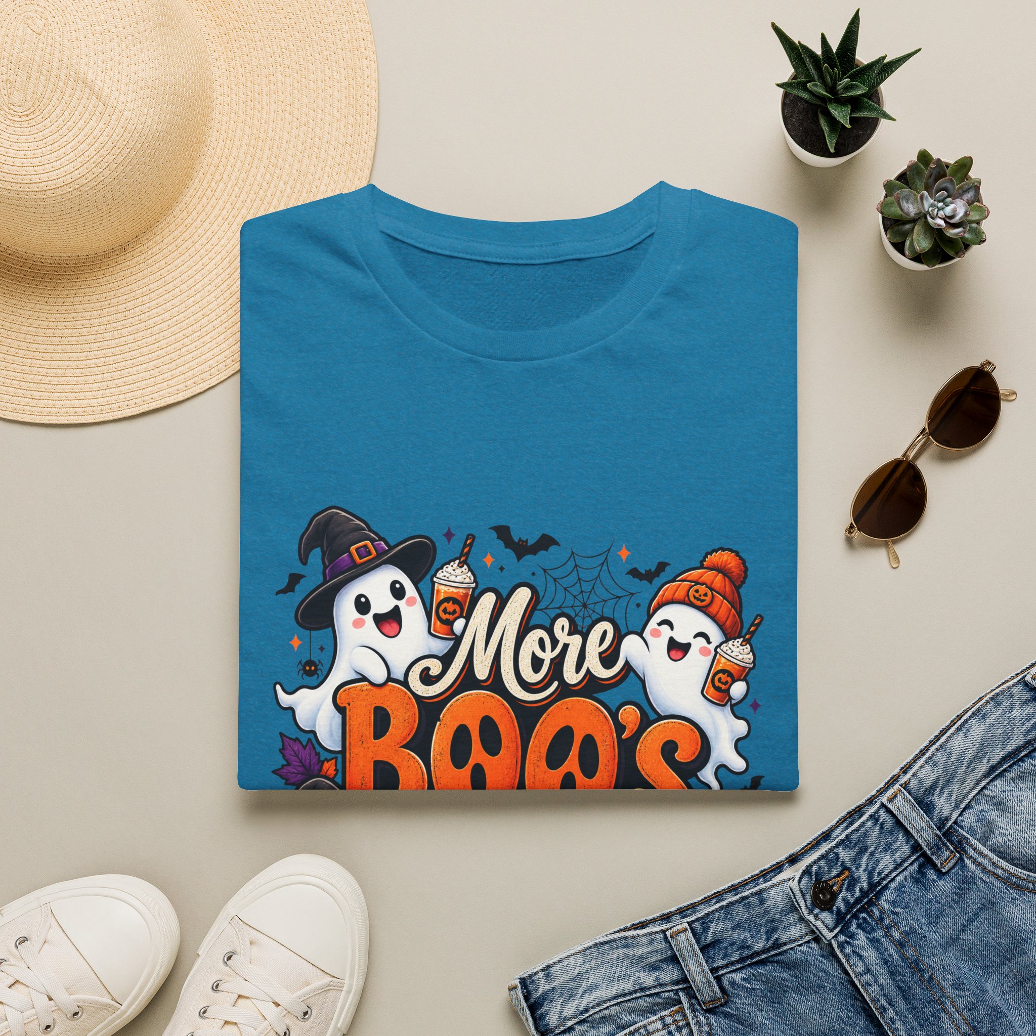 More Boos Please Halloween T Shirt print detail – ghosts and pumpkin graphic