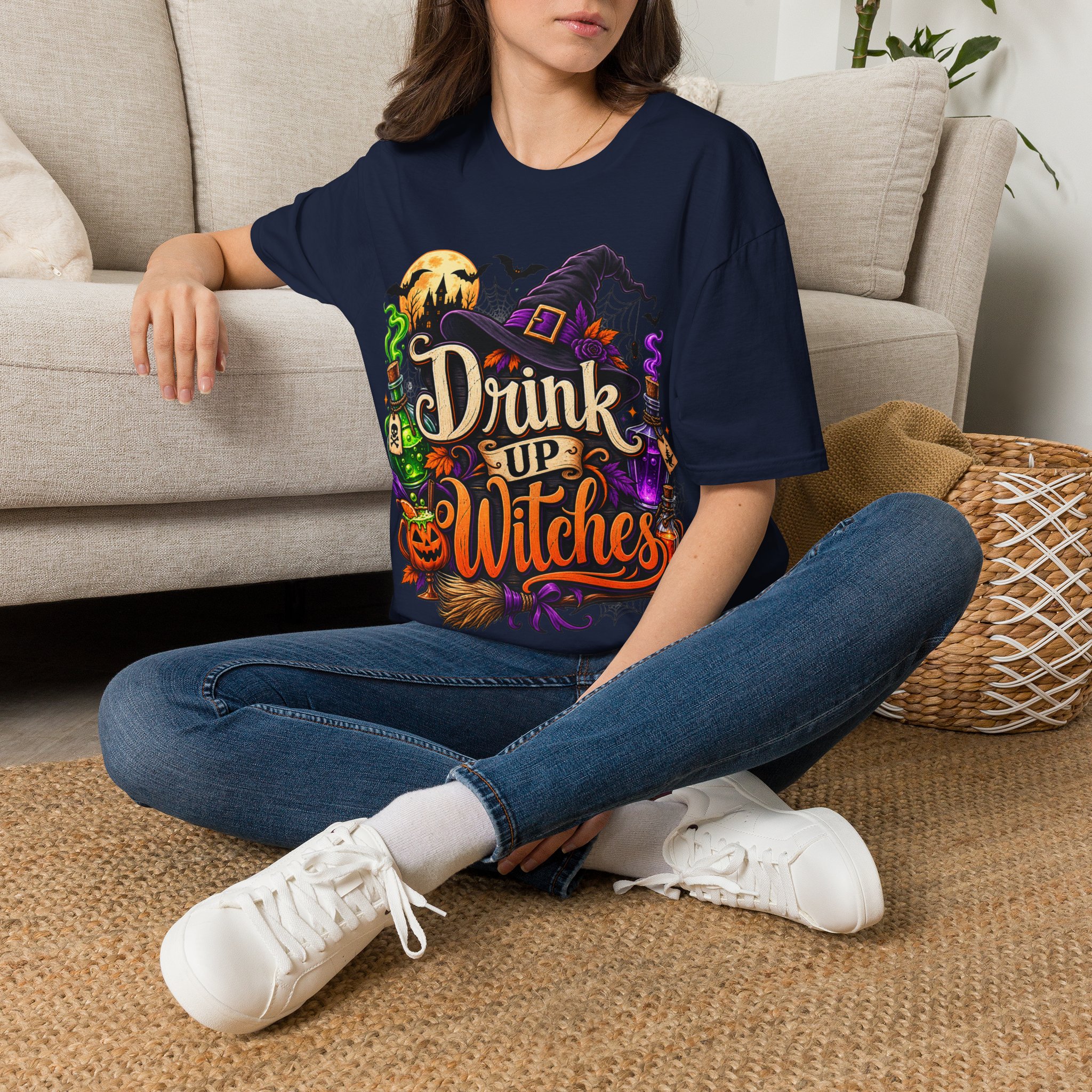 Drink Up Witches Halloween T‑Shirt worn as spooky autumn outfit