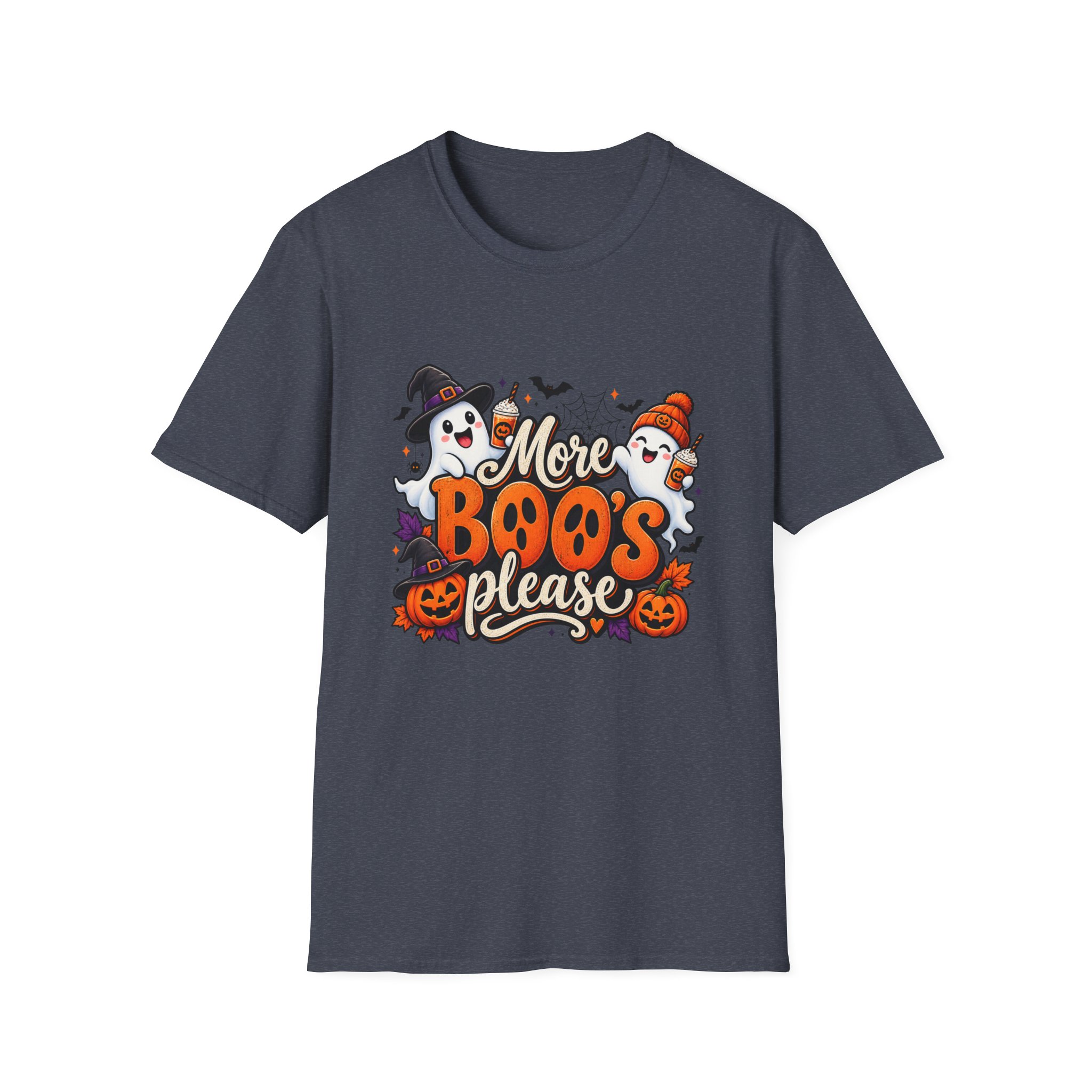 More Boos Please Halloween T Shirt print detail – ghosts and pumpkin graphic