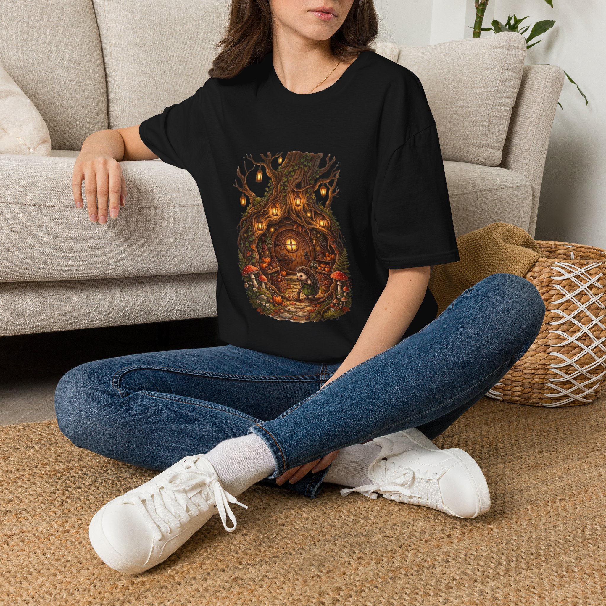 Fantasy treehouse t‑shirt featuring a lantern‑lit woodland scene