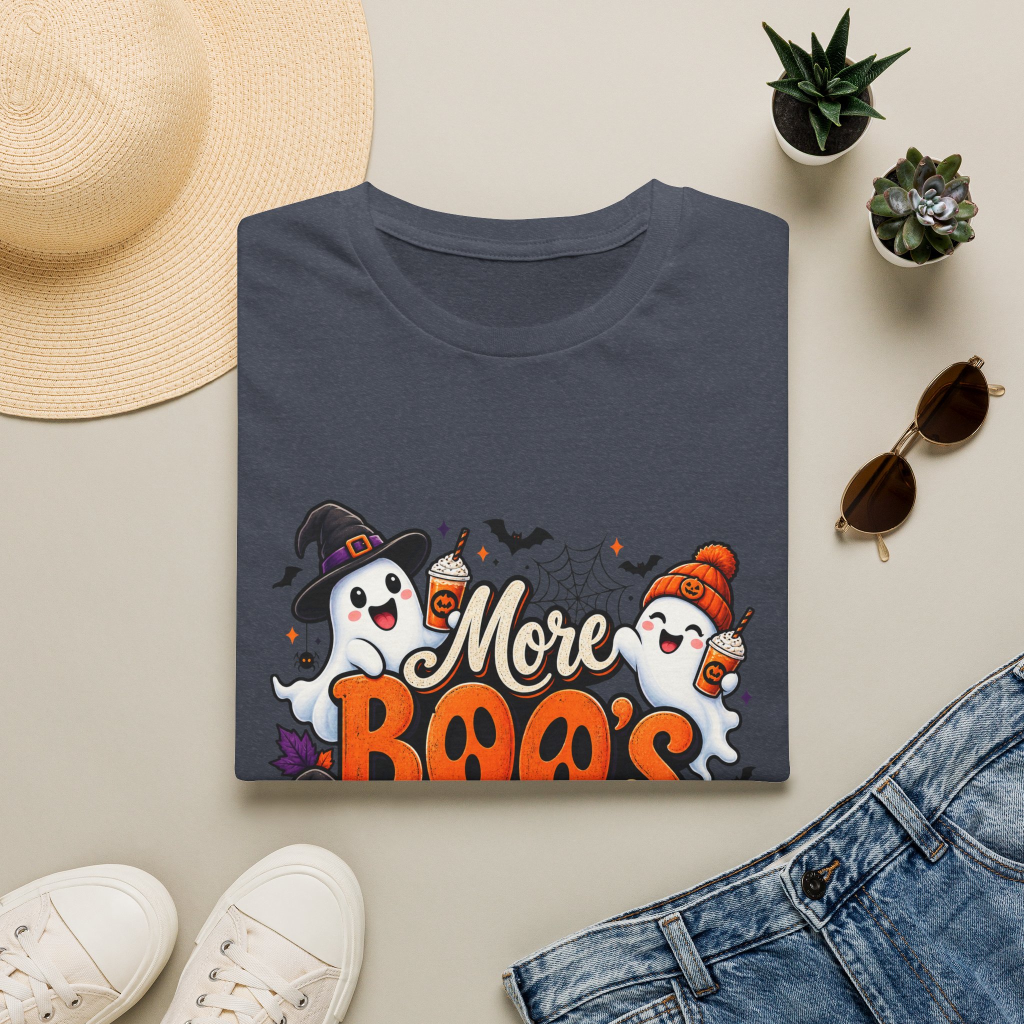 More Boos Please Halloween T Shirt print detail – ghosts and pumpkin graphic
