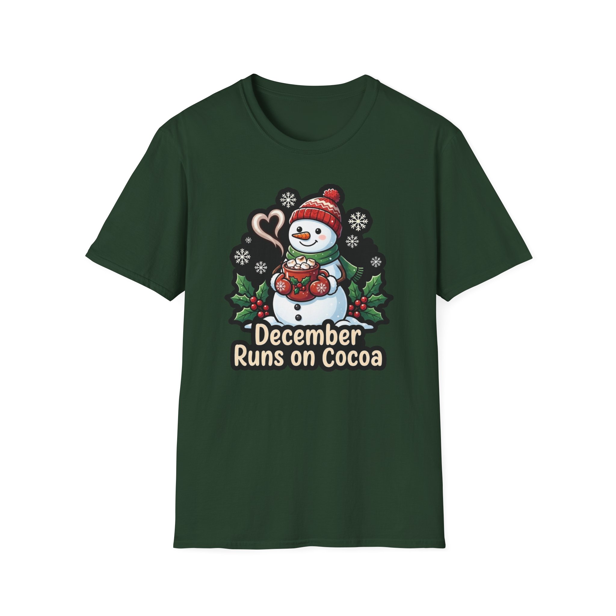 Front view of Christmas Snowman T‑shirt featuring the “December Runs on Cocoa” design