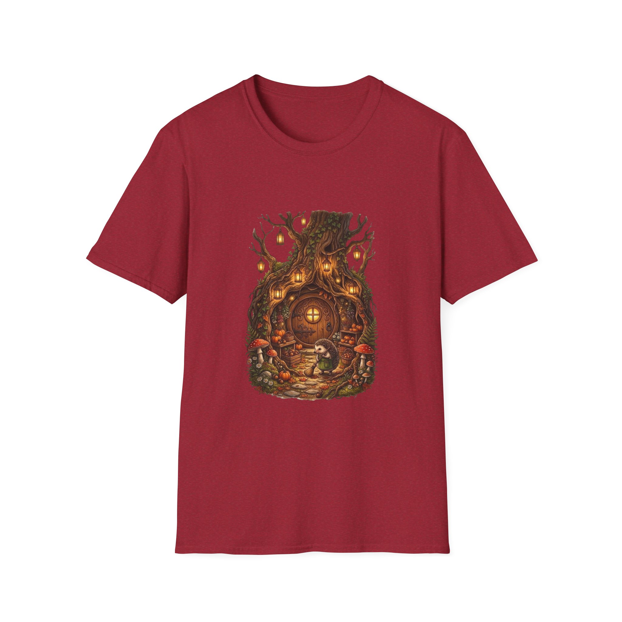 Woodland fantasy t‑shirt showing glowing treehouse illustration