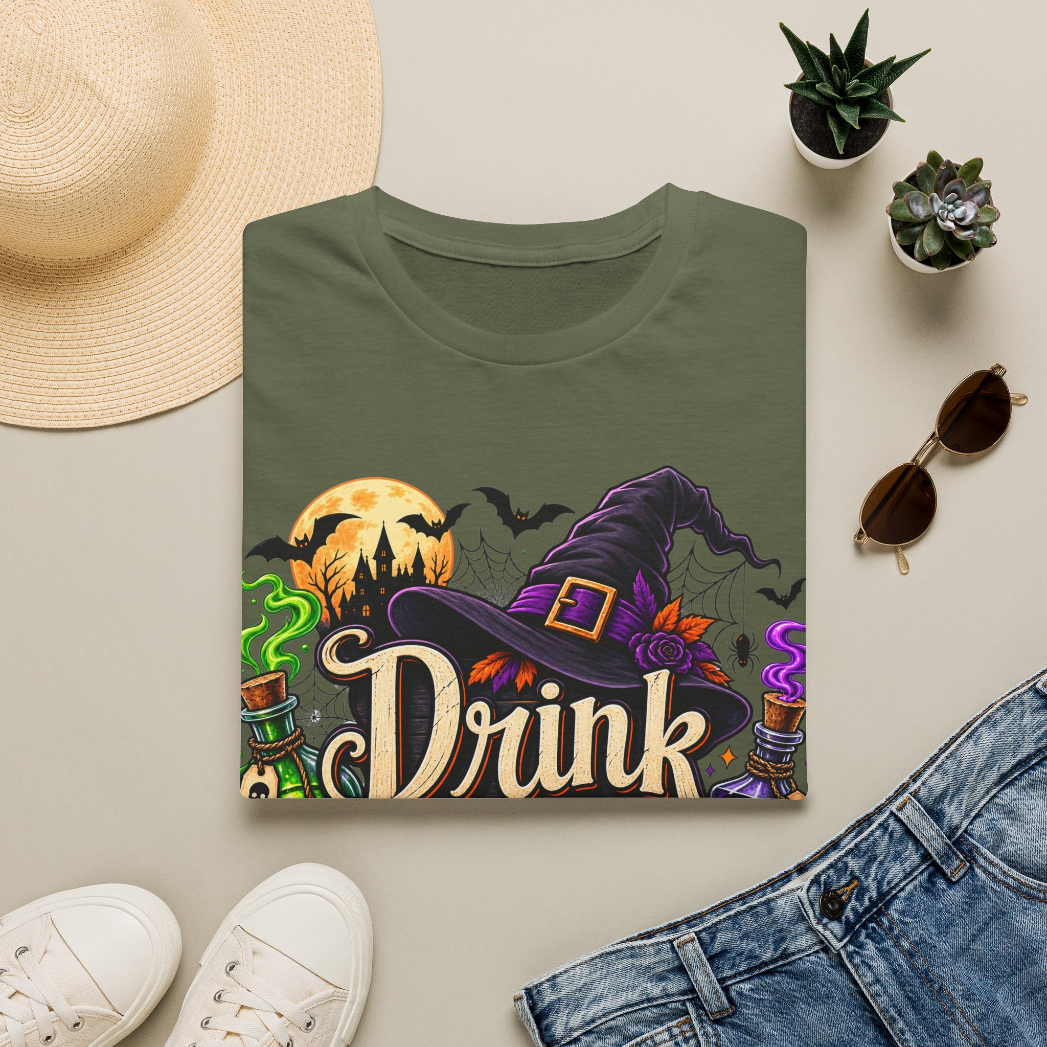 Close‑up of Drink Up Witches Halloween design with witch hat and cauldron