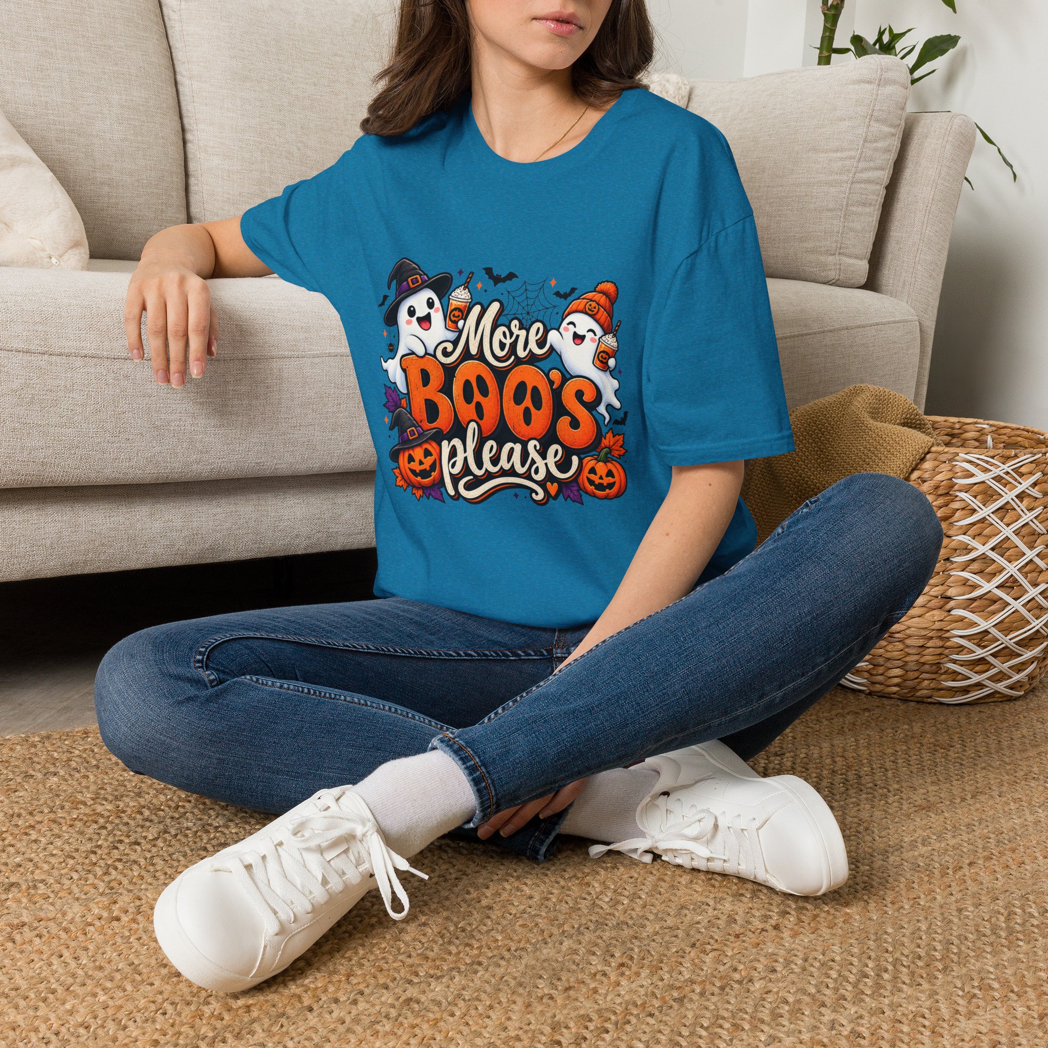 More Boos Please Halloween T Shirt print detail – ghosts and pumpkin graphic