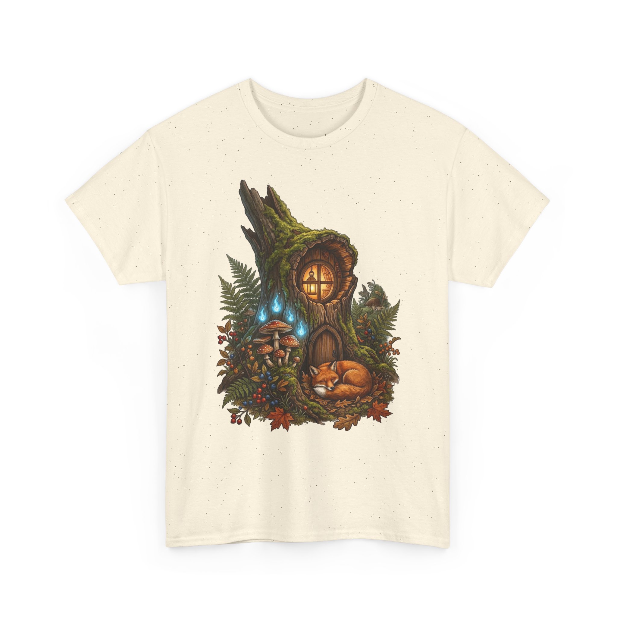 Woodland fairy home t‑shirt with cozy mushroom house illustration
