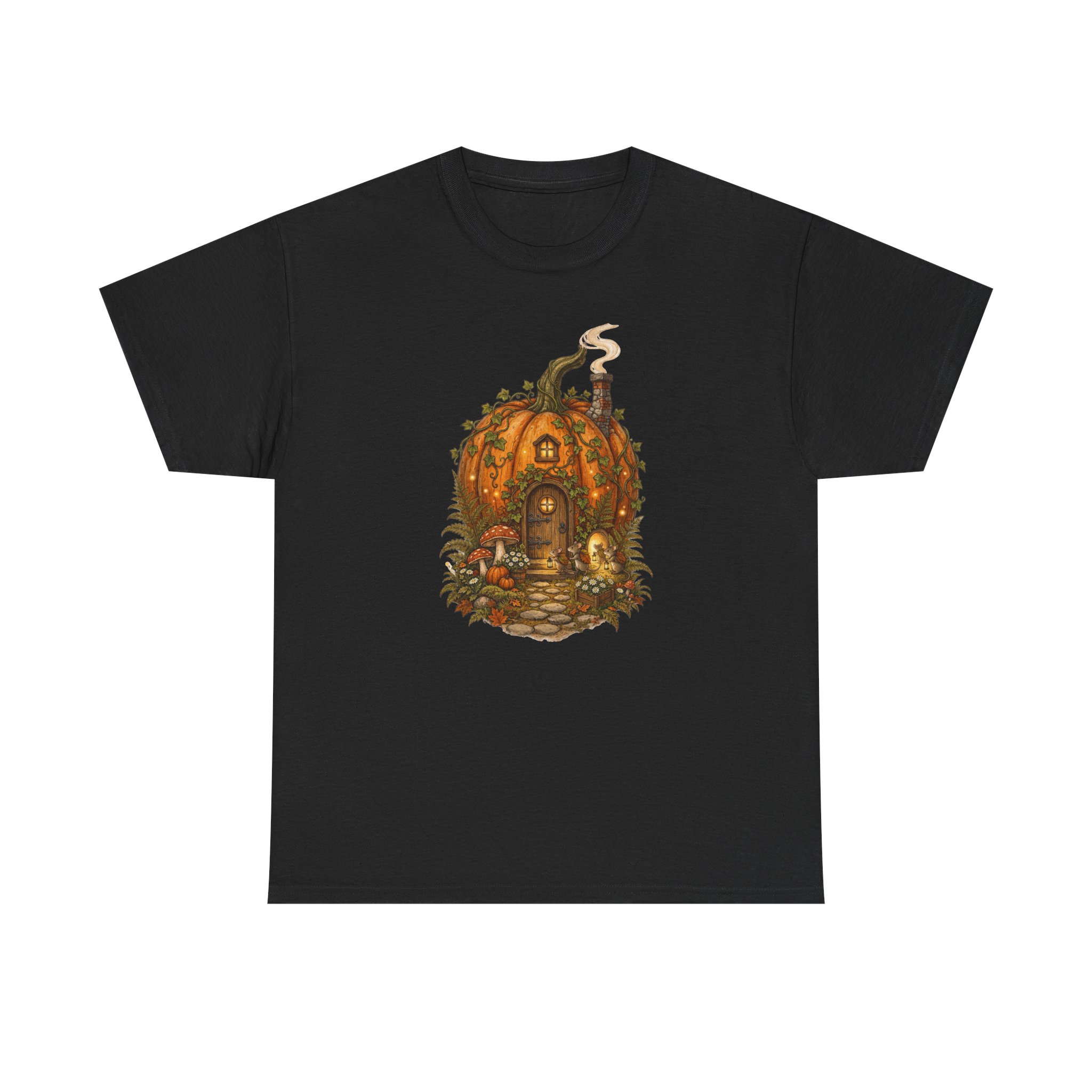 Full Pumpkin Cottage Halloween design printed on a soft cotton T‑shirt.