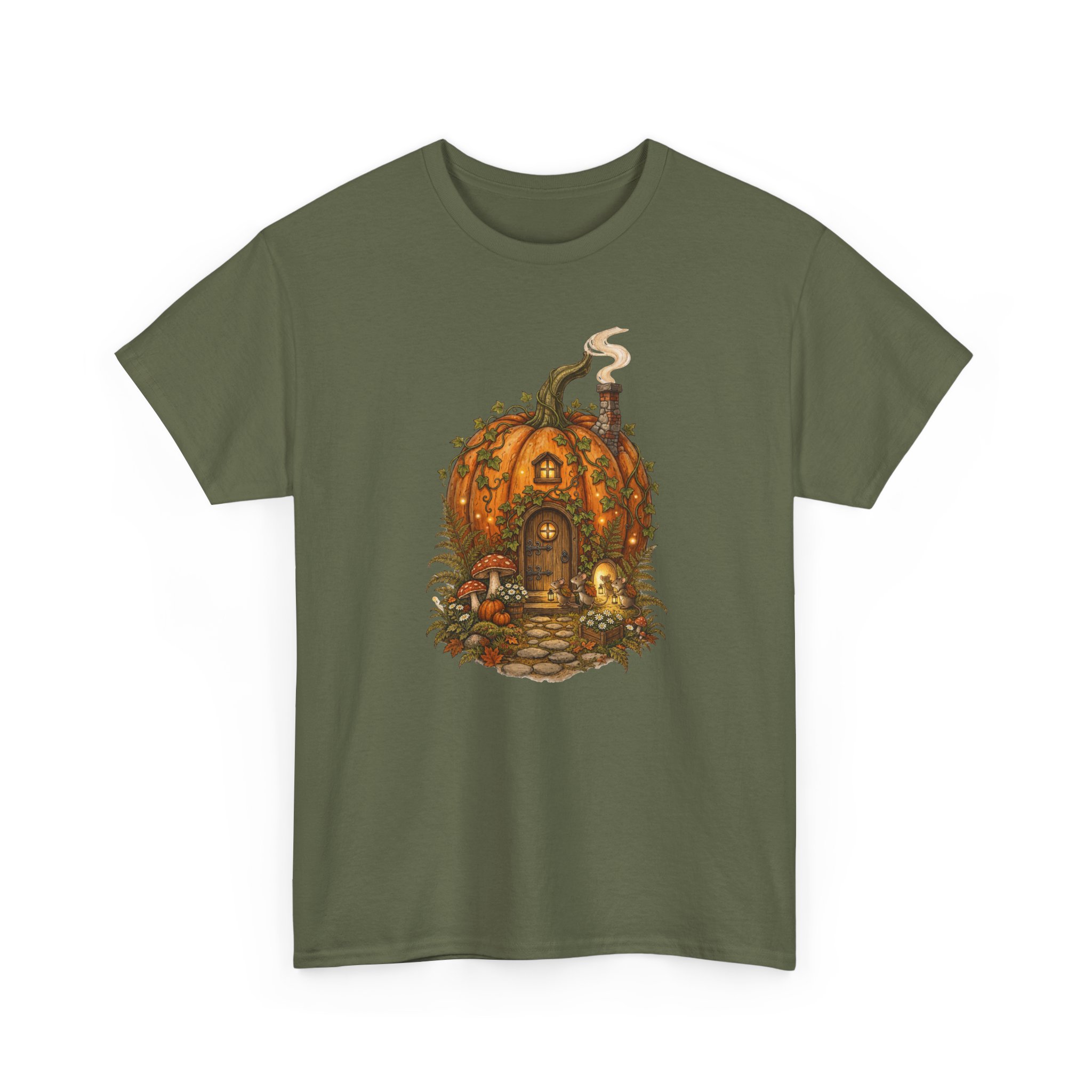 Full Pumpkin Cottage Halloween design printed on a soft cotton T‑shirt.