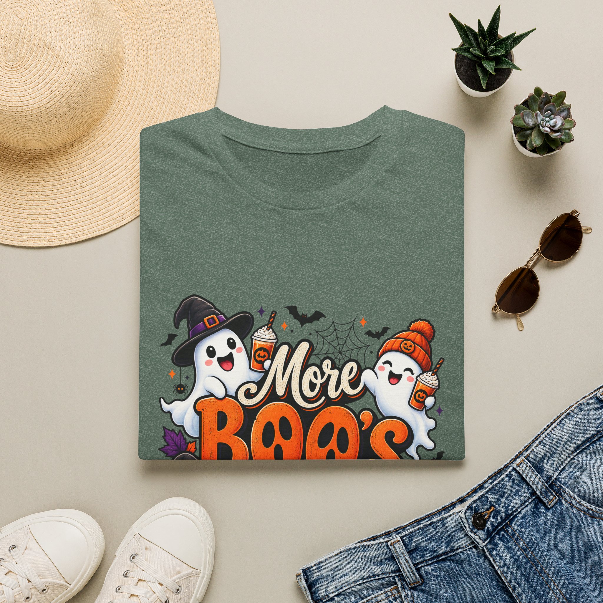 More Boos Please Halloween T Shirt print detail – ghosts and pumpkin graphic