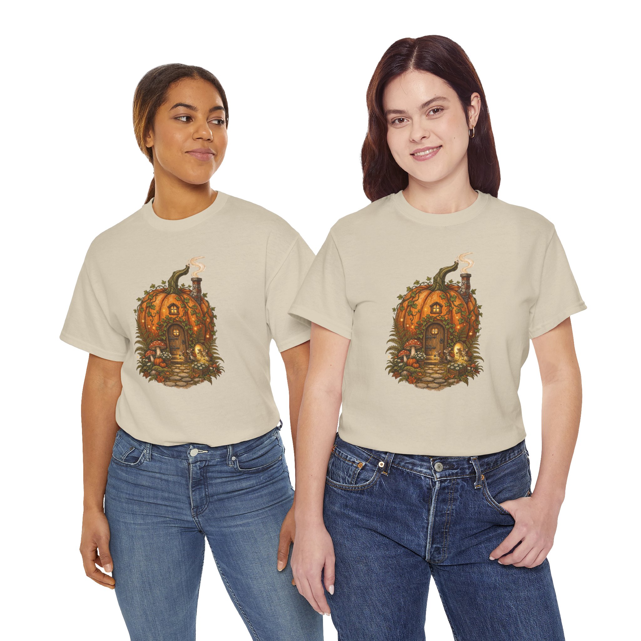 Full Pumpkin Cottage Halloween design printed on a soft cotton T‑shirt.