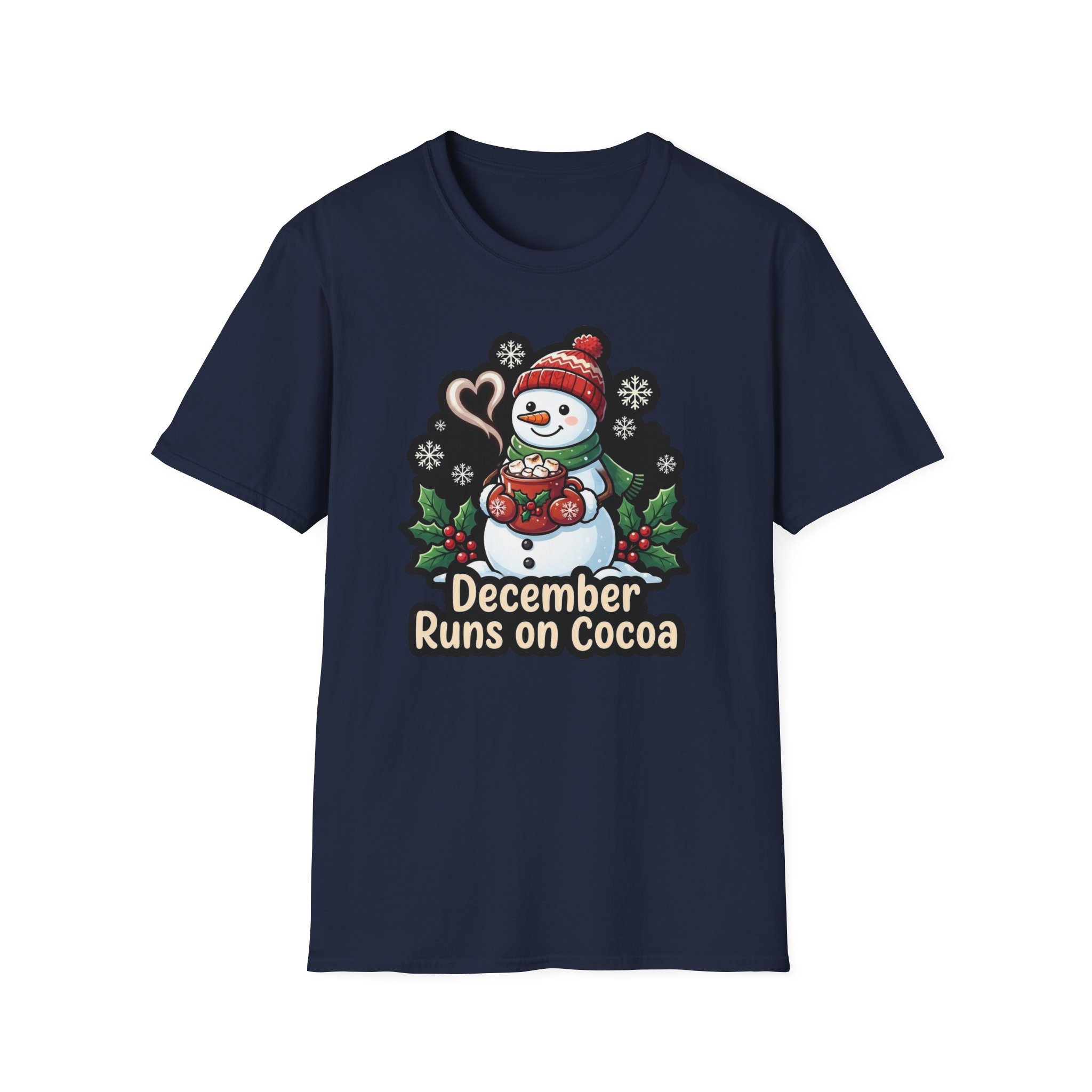 Front view of Christmas Snowman T‑shirt featuring the “December Runs on Cocoa” design