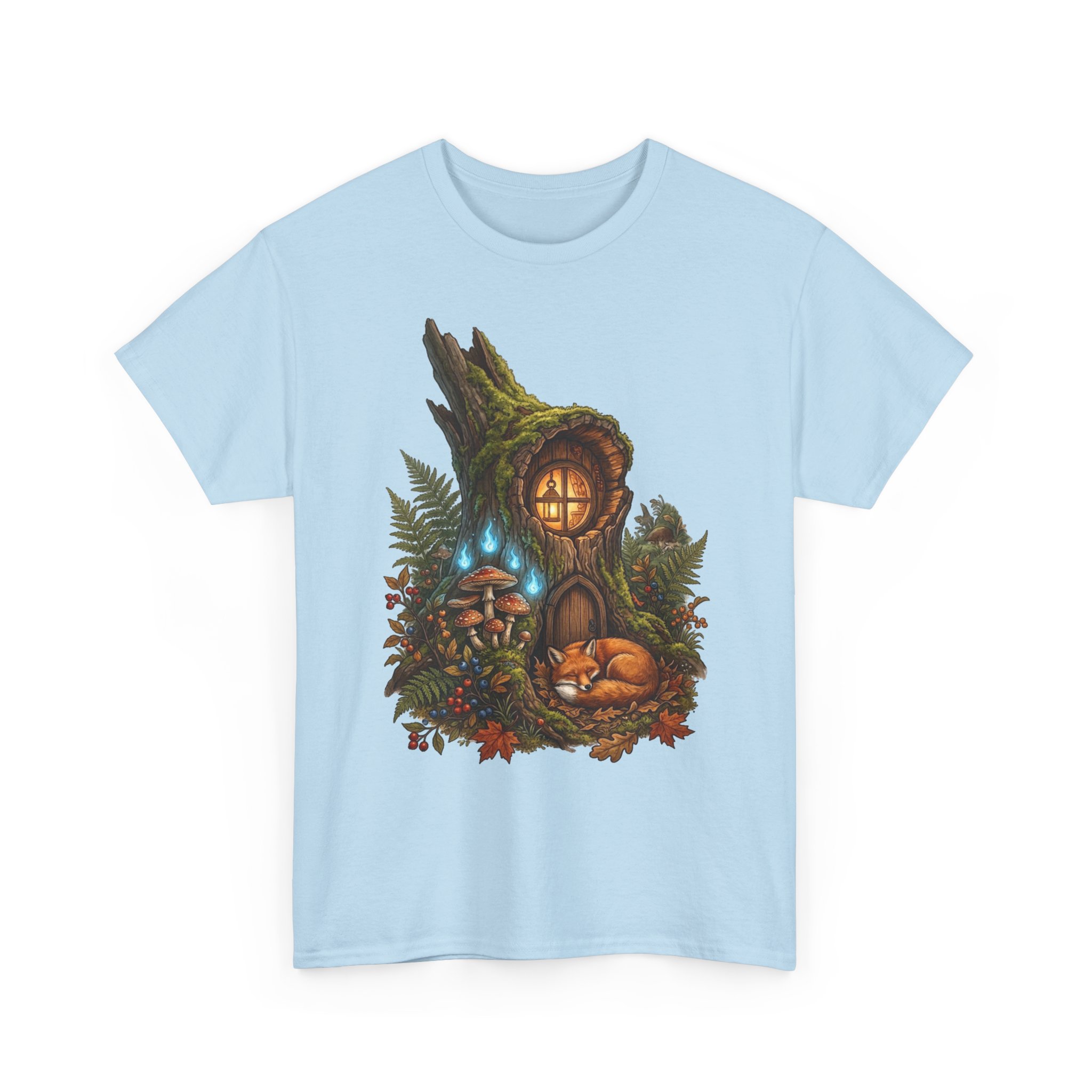 Woodland fairy home t‑shirt with cozy mushroom house illustration