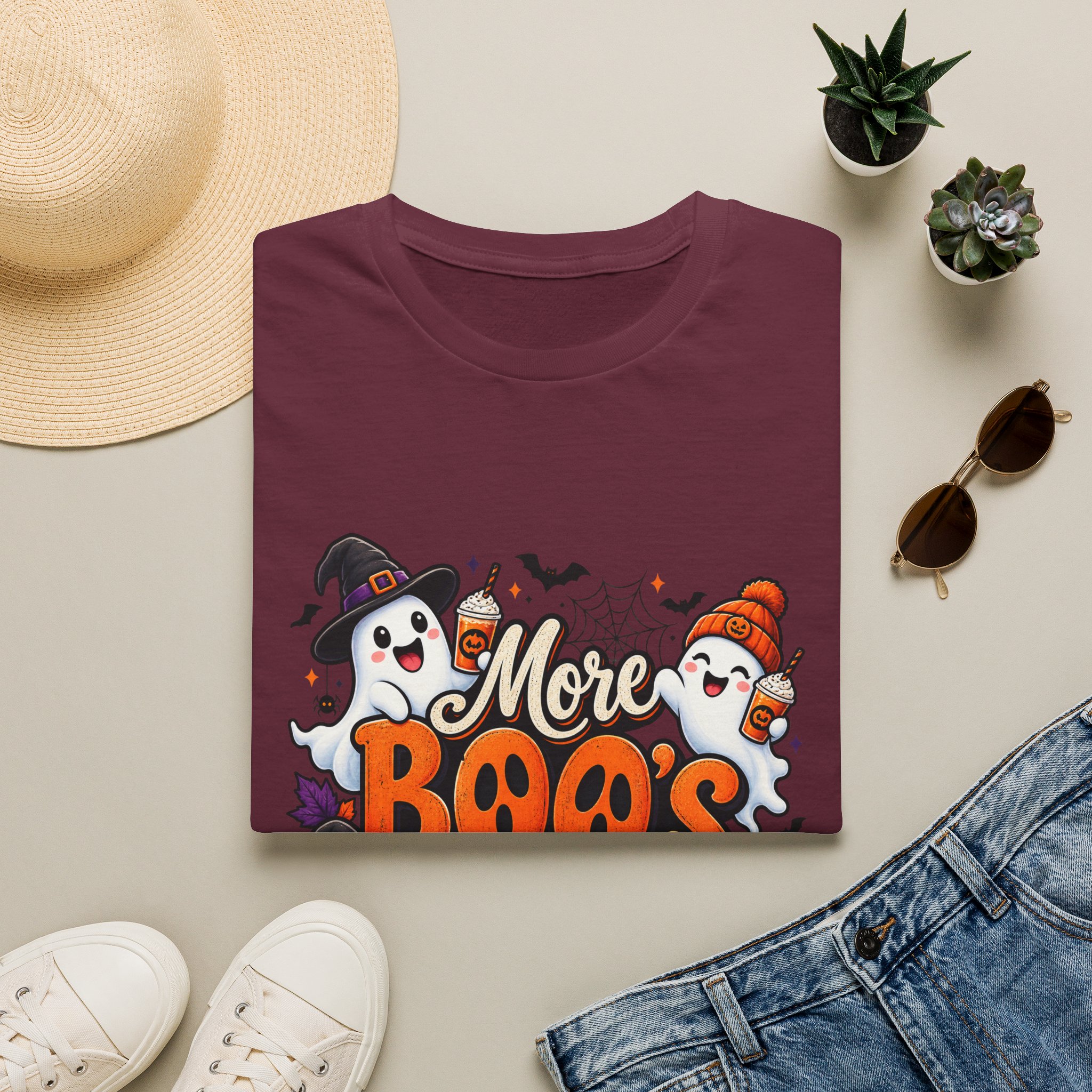 More Boos Please Halloween T Shirt print detail – ghosts and pumpkin graphic