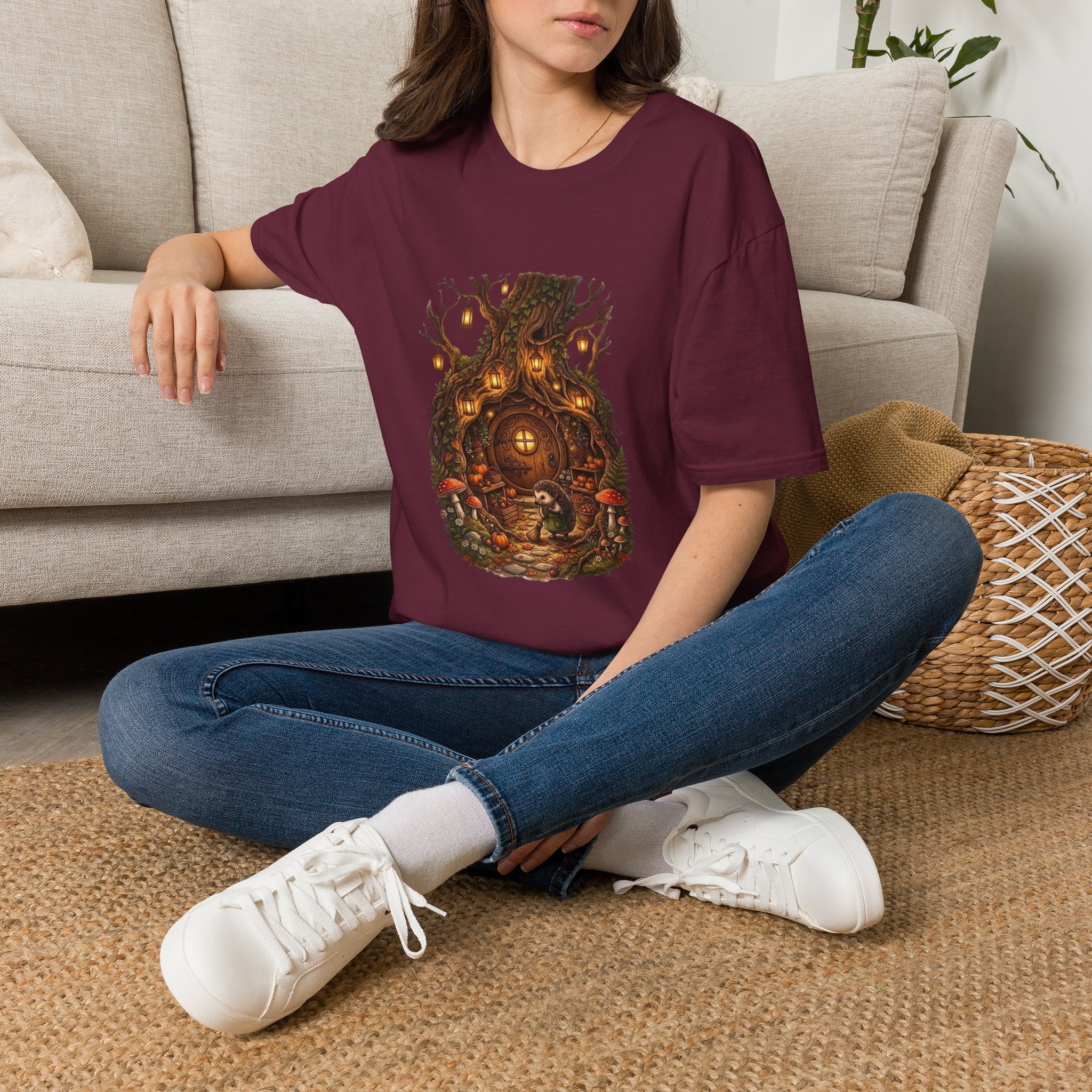 Fantasy treehouse t‑shirt featuring a lantern‑lit woodland scene
