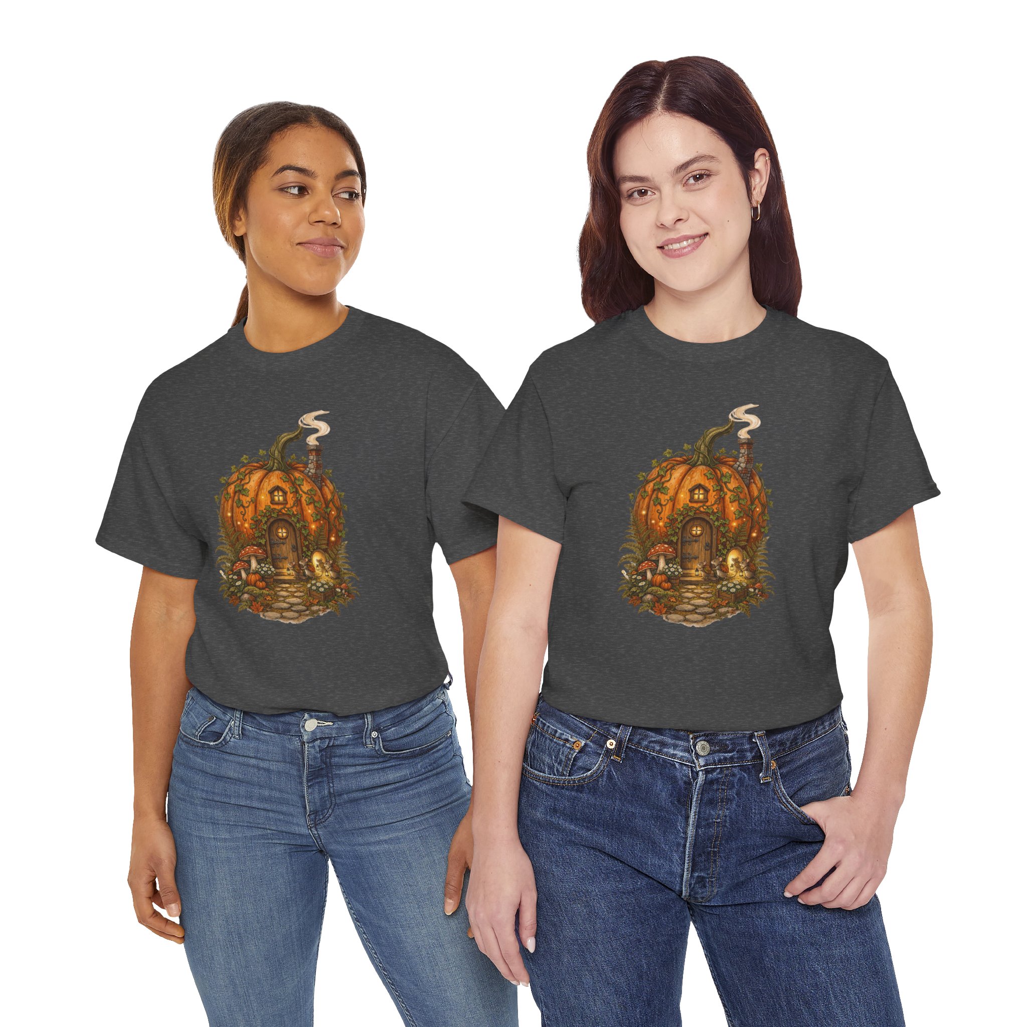 Full Pumpkin Cottage Halloween design printed on a soft cotton T‑shirt.