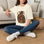 Fantasy treehouse t‑shirt featuring a lantern‑lit woodland scene