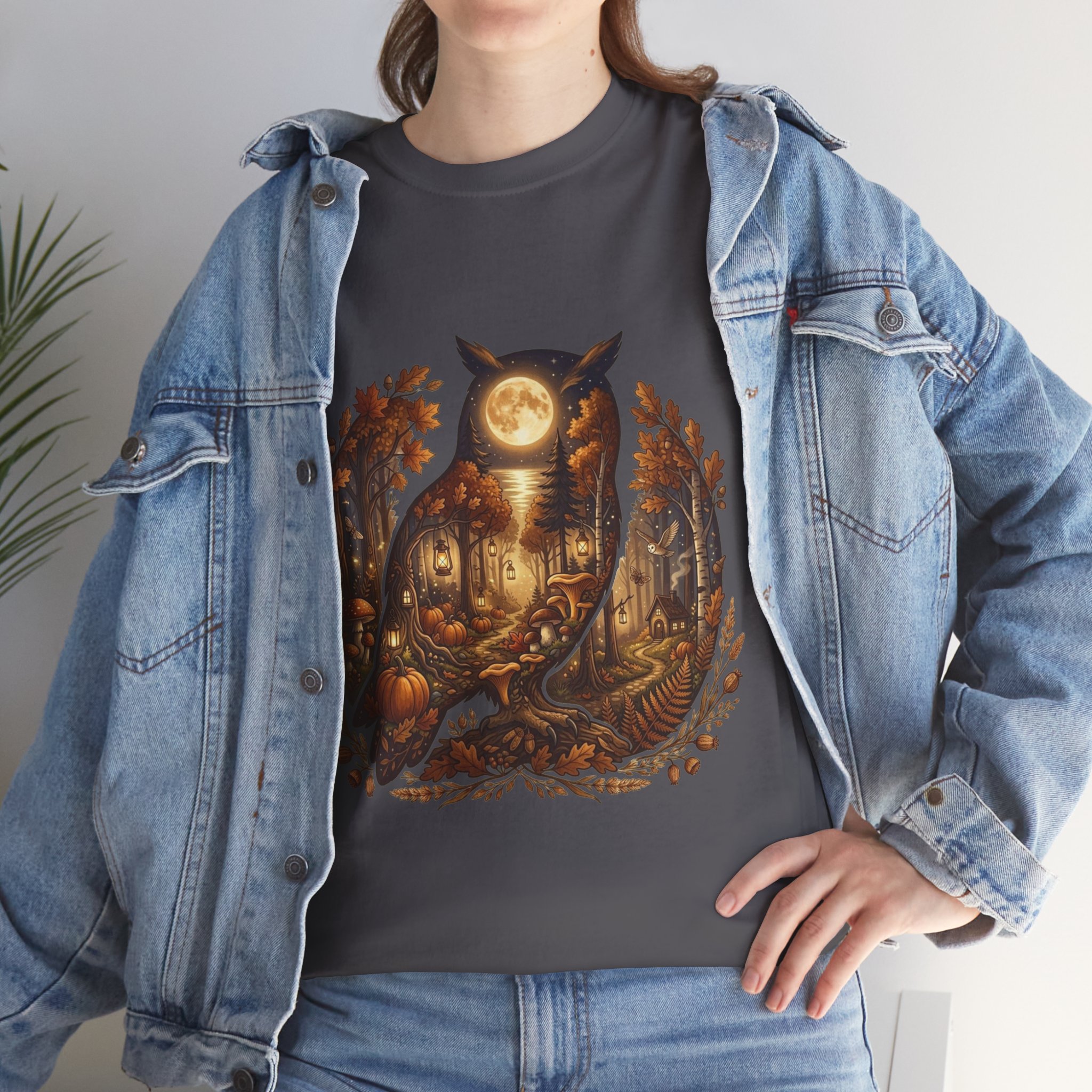 moonlit forest owl fall graphic tee