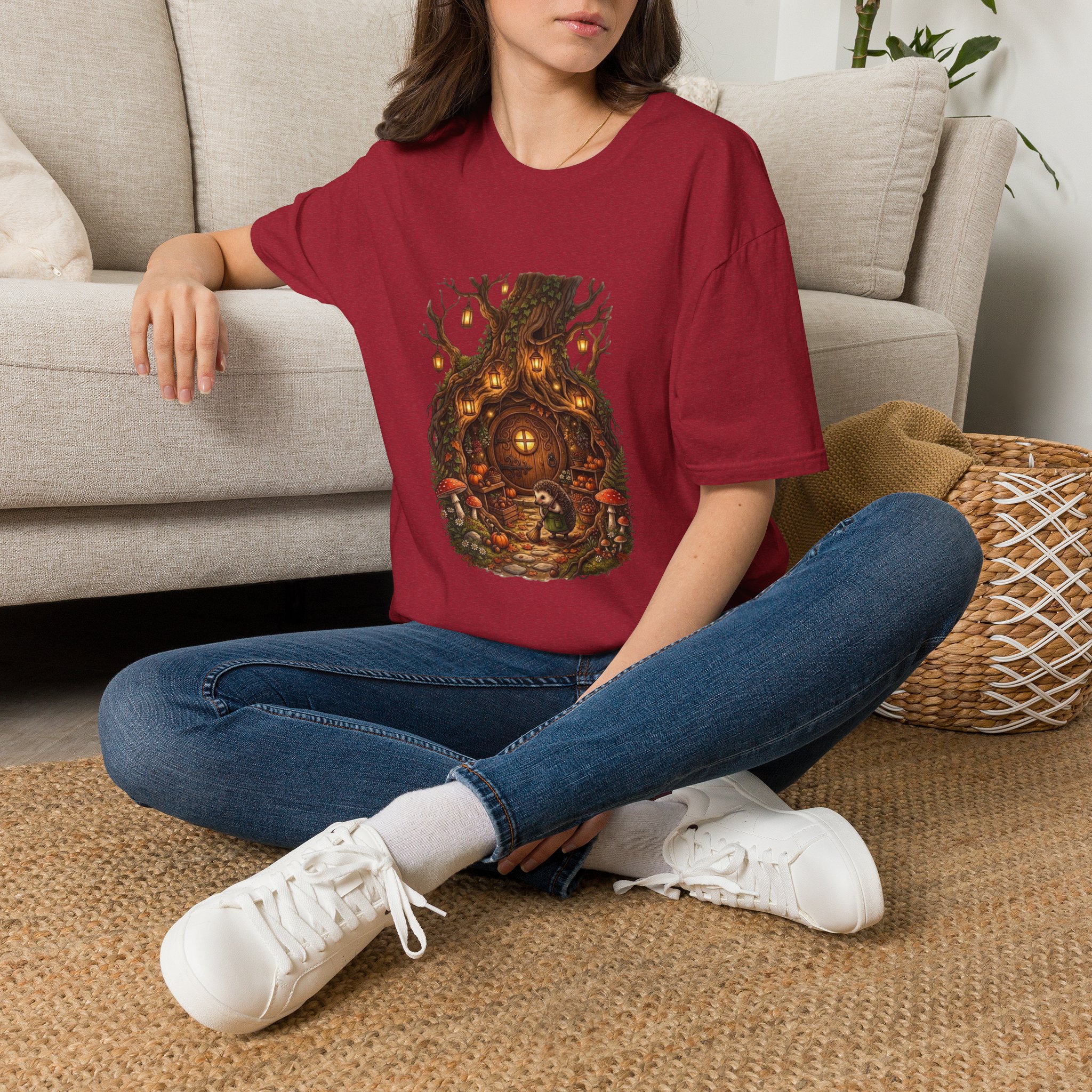 Fantasy treehouse t‑shirt featuring a lantern‑lit woodland scene