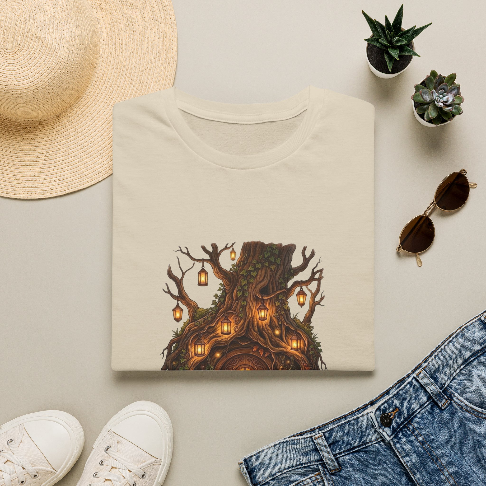 Woodland fantasy t‑shirt showing glowing treehouse illustration