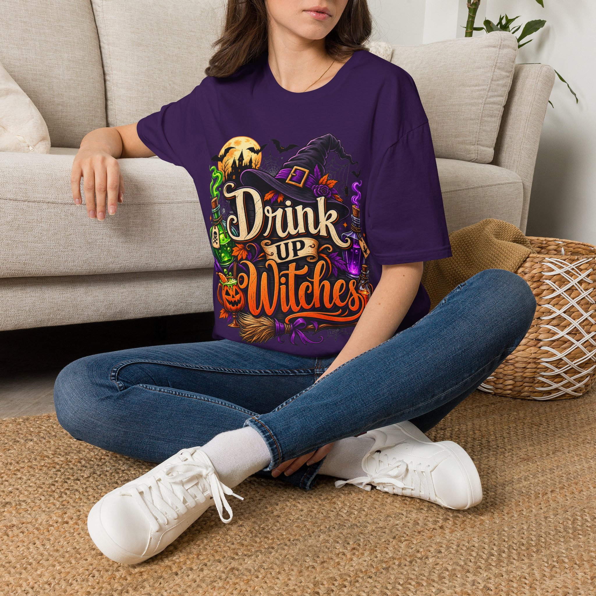 Drink Up Witches Halloween T‑Shirt worn as spooky autumn outfit