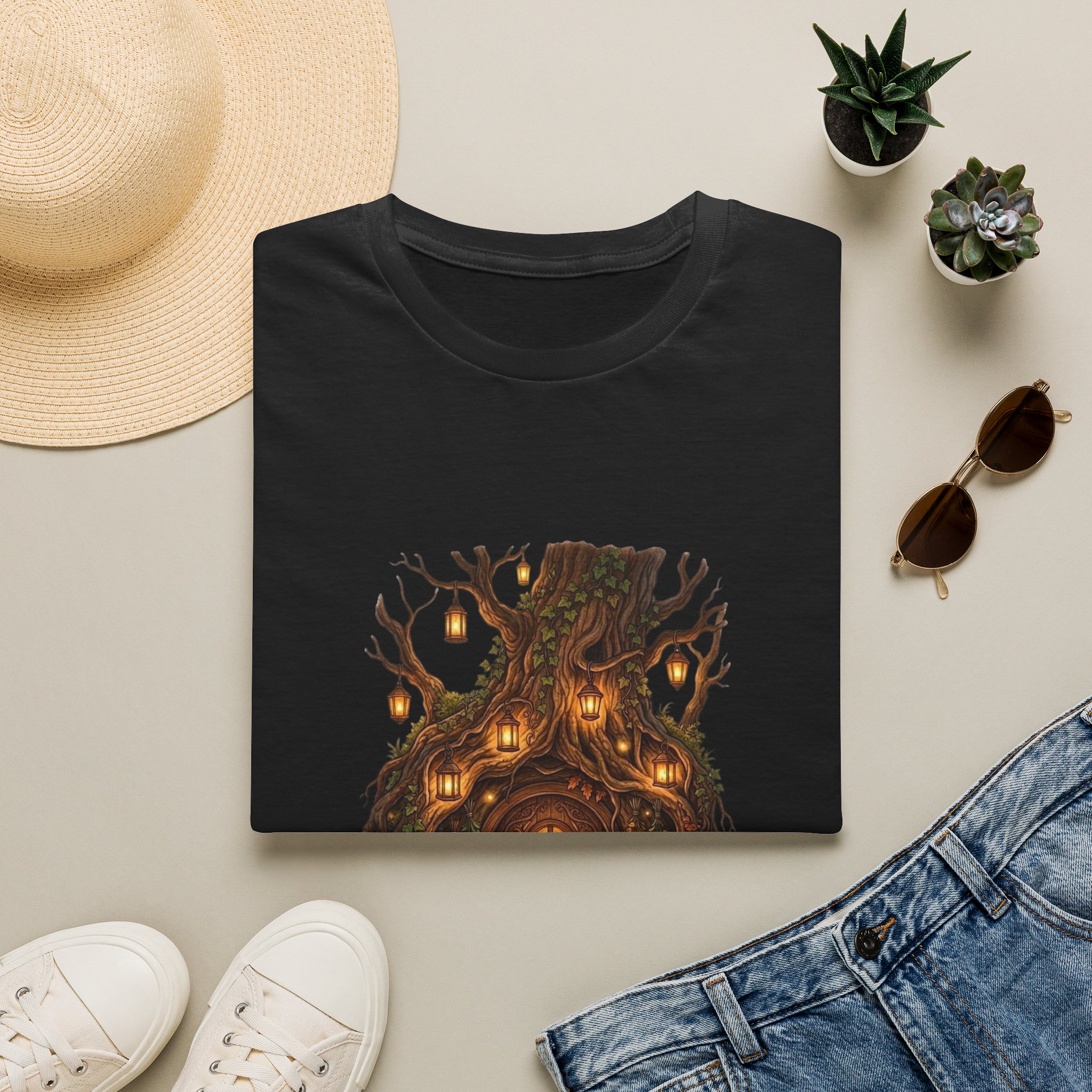 Woodland fantasy t‑shirt showing glowing treehouse illustration