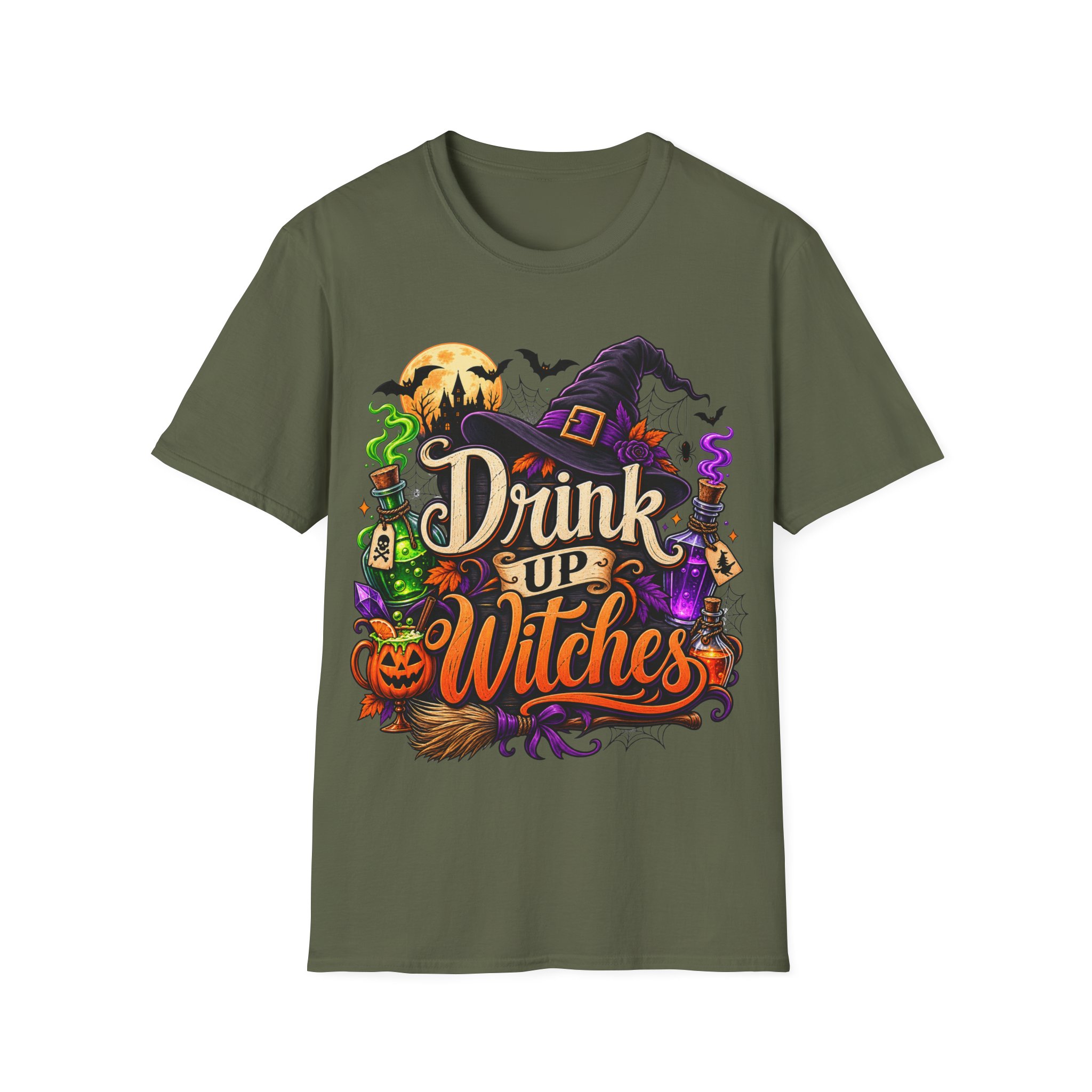 Close‑up of Drink Up Witches Halloween design with witch hat and cauldron