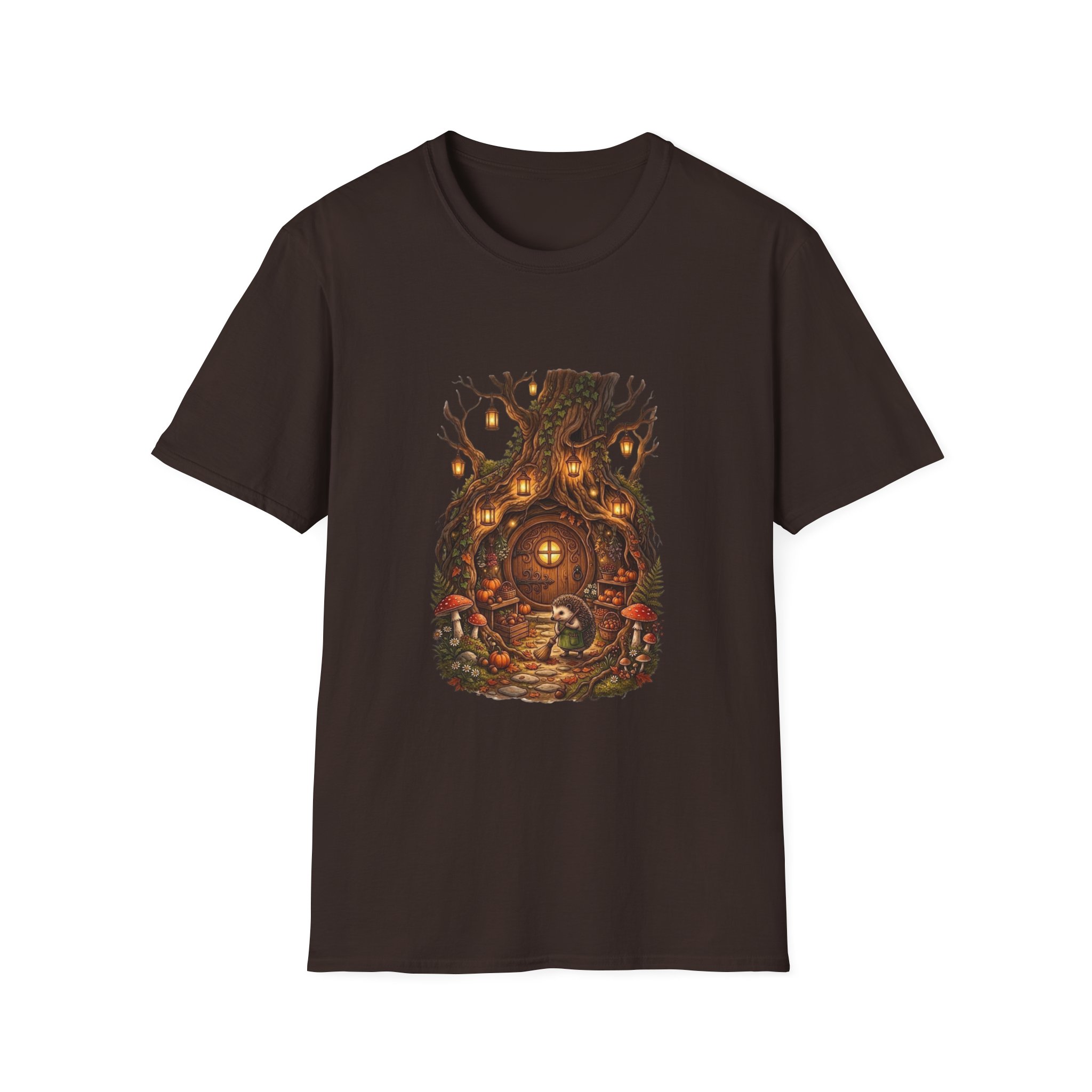 Woodland fantasy t‑shirt showing glowing treehouse illustration
