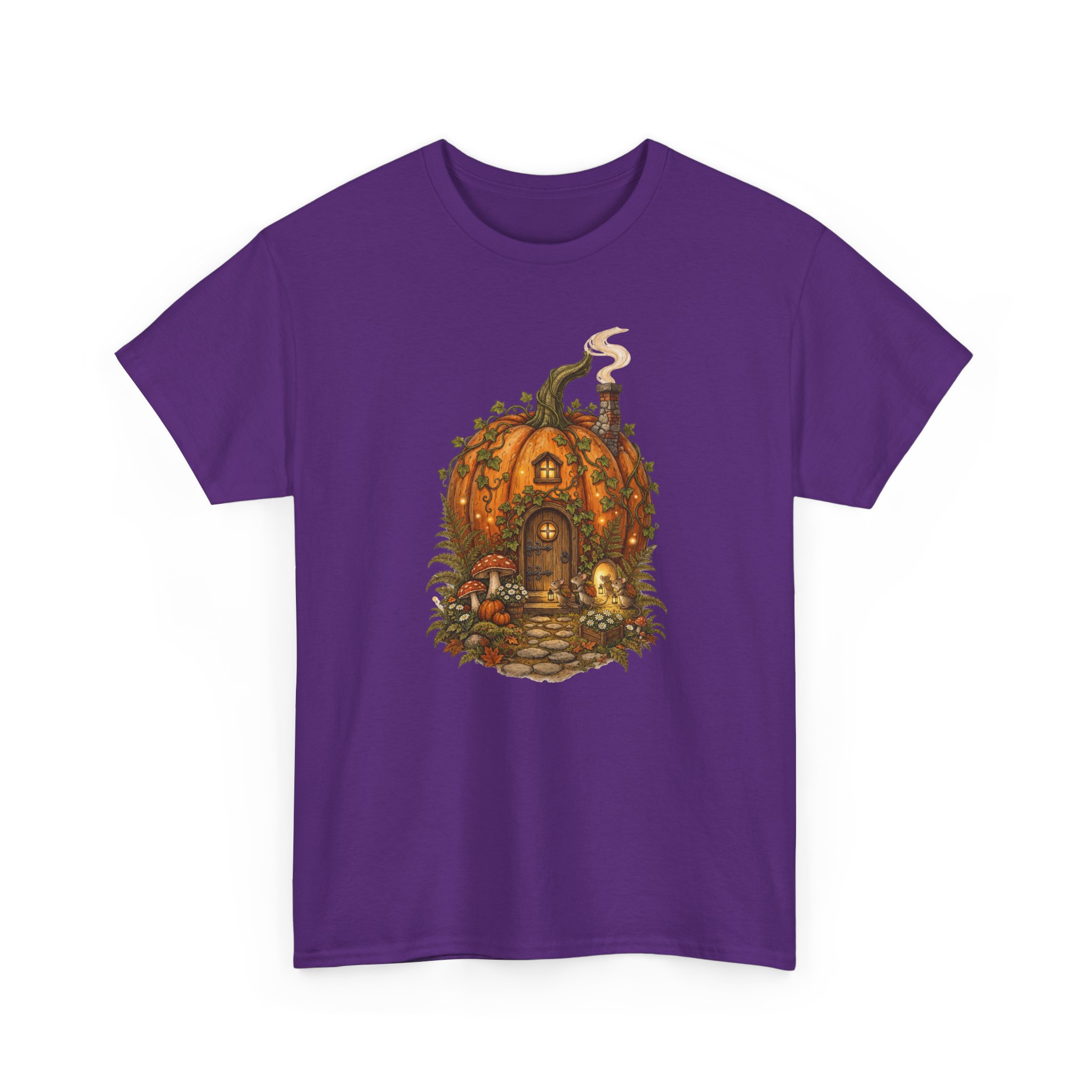 Full Pumpkin Cottage Halloween design printed on a soft cotton T‑shirt.