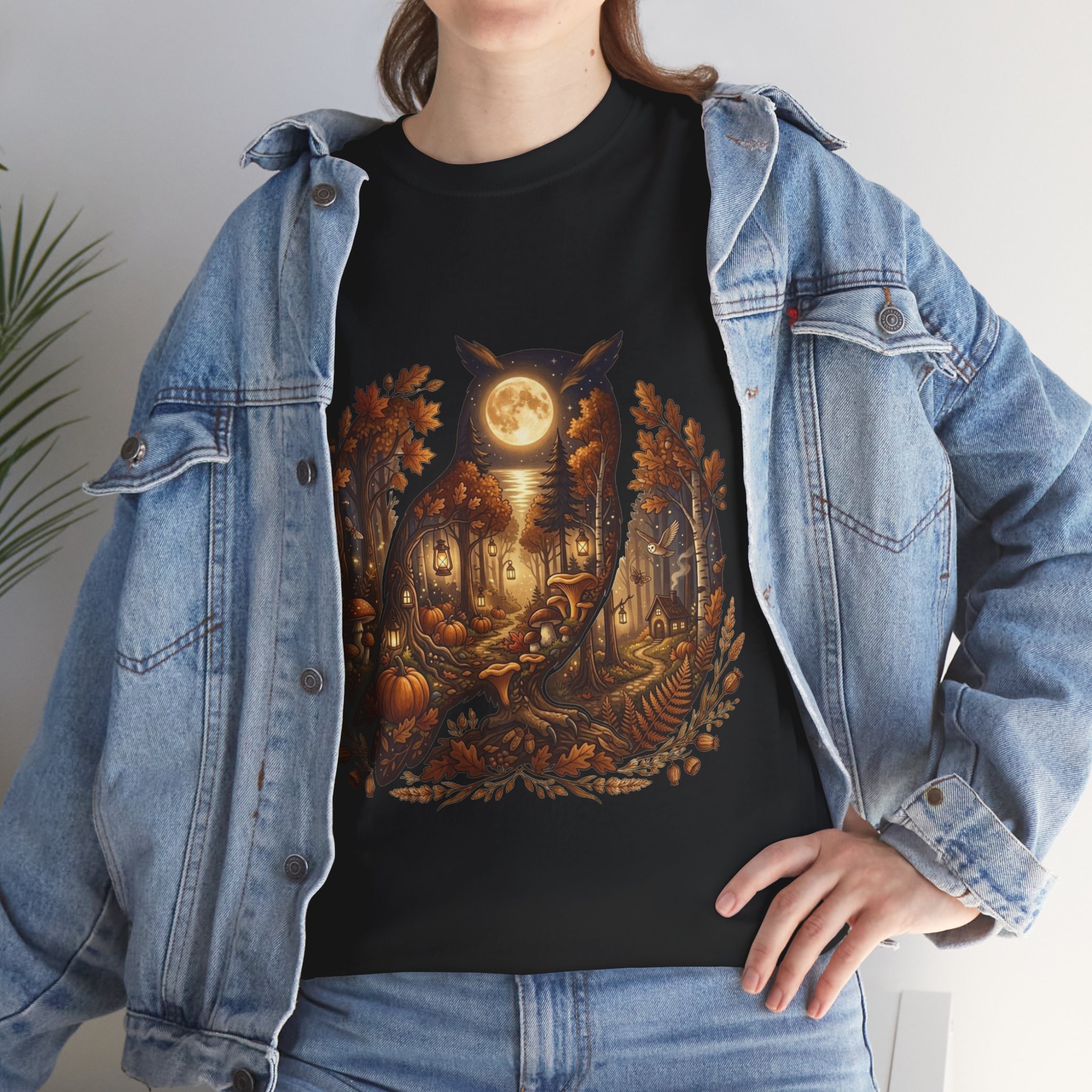 moonlit forest owl fall graphic tee