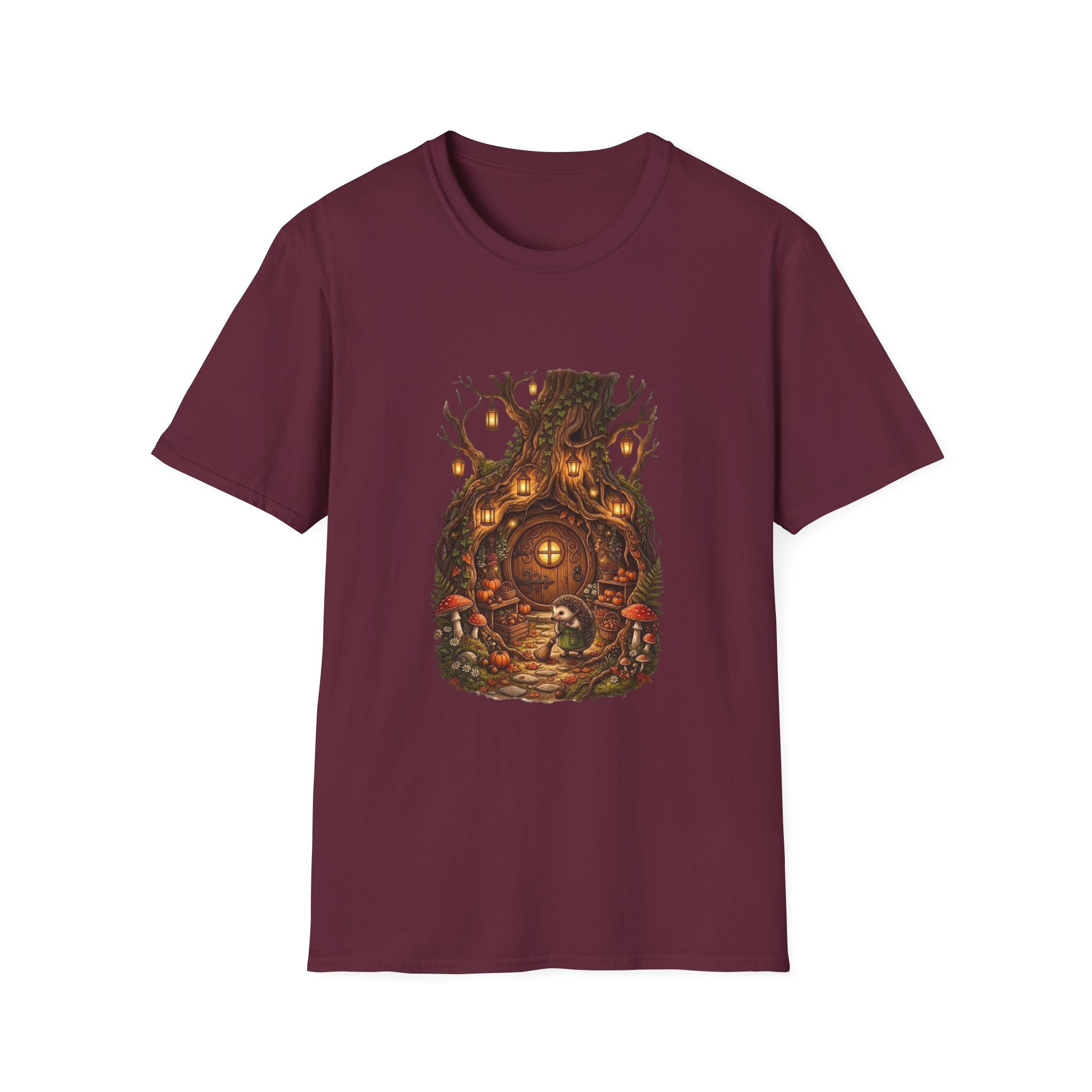 Woodland fantasy t‑shirt showing glowing treehouse illustration