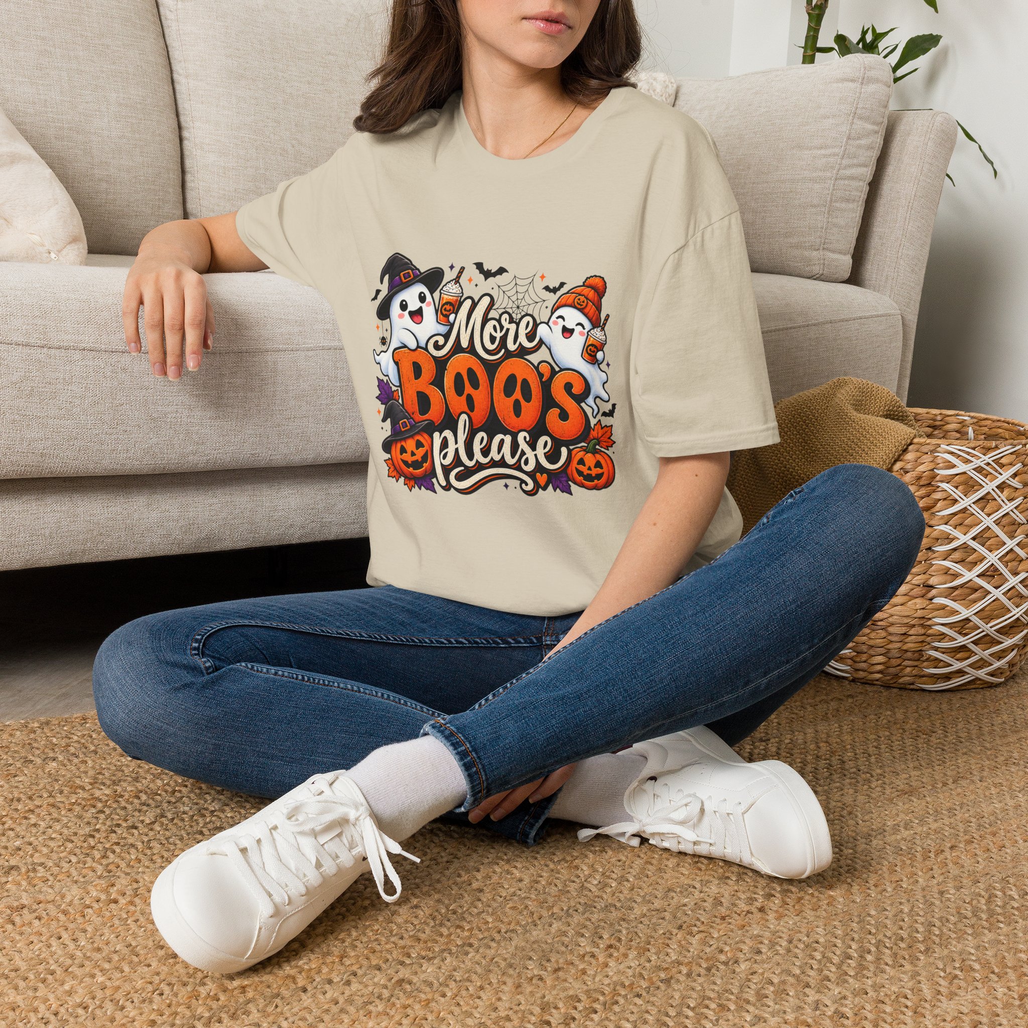 More Boos Please Halloween T Shirt print detail – ghosts and pumpkin graphic