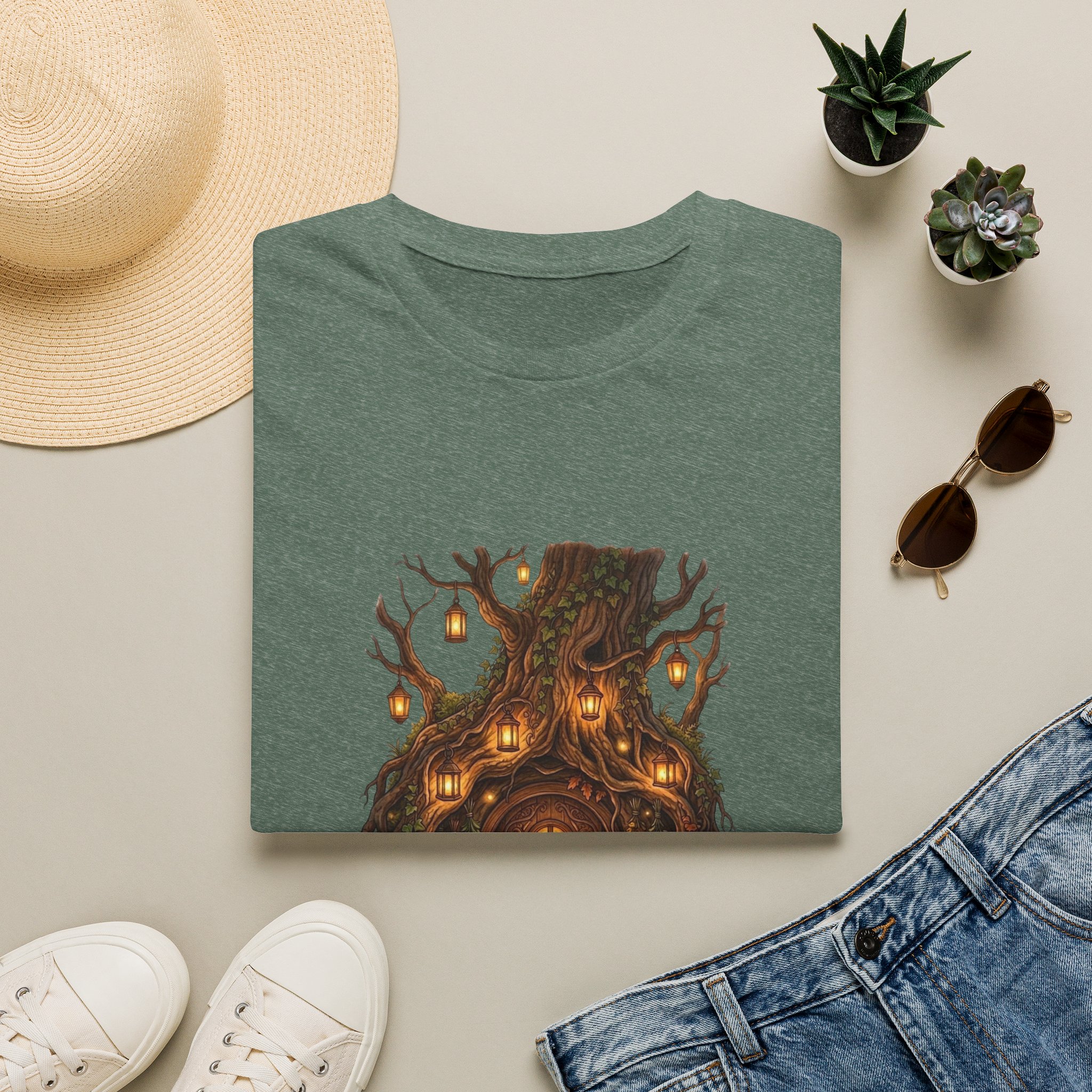 Woodland fantasy t‑shirt showing glowing treehouse illustration