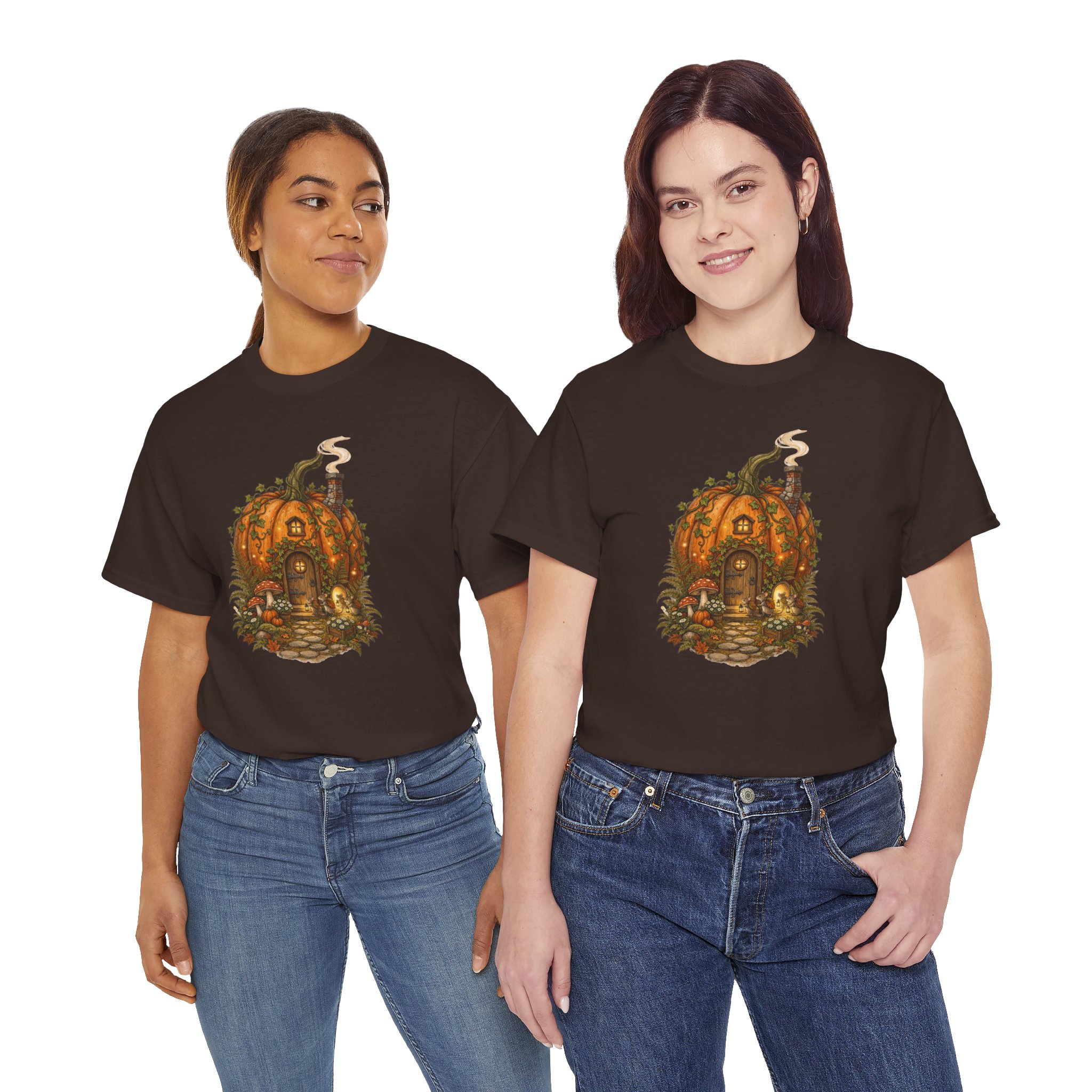 Full Pumpkin Cottage Halloween design printed on a soft cotton T‑shirt.