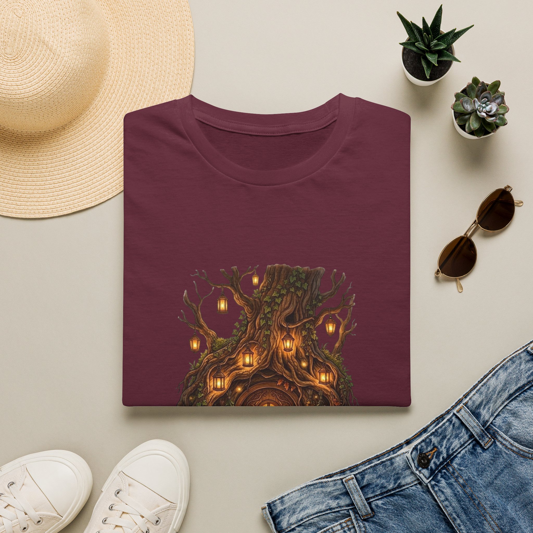 Woodland fantasy t‑shirt showing glowing treehouse illustration