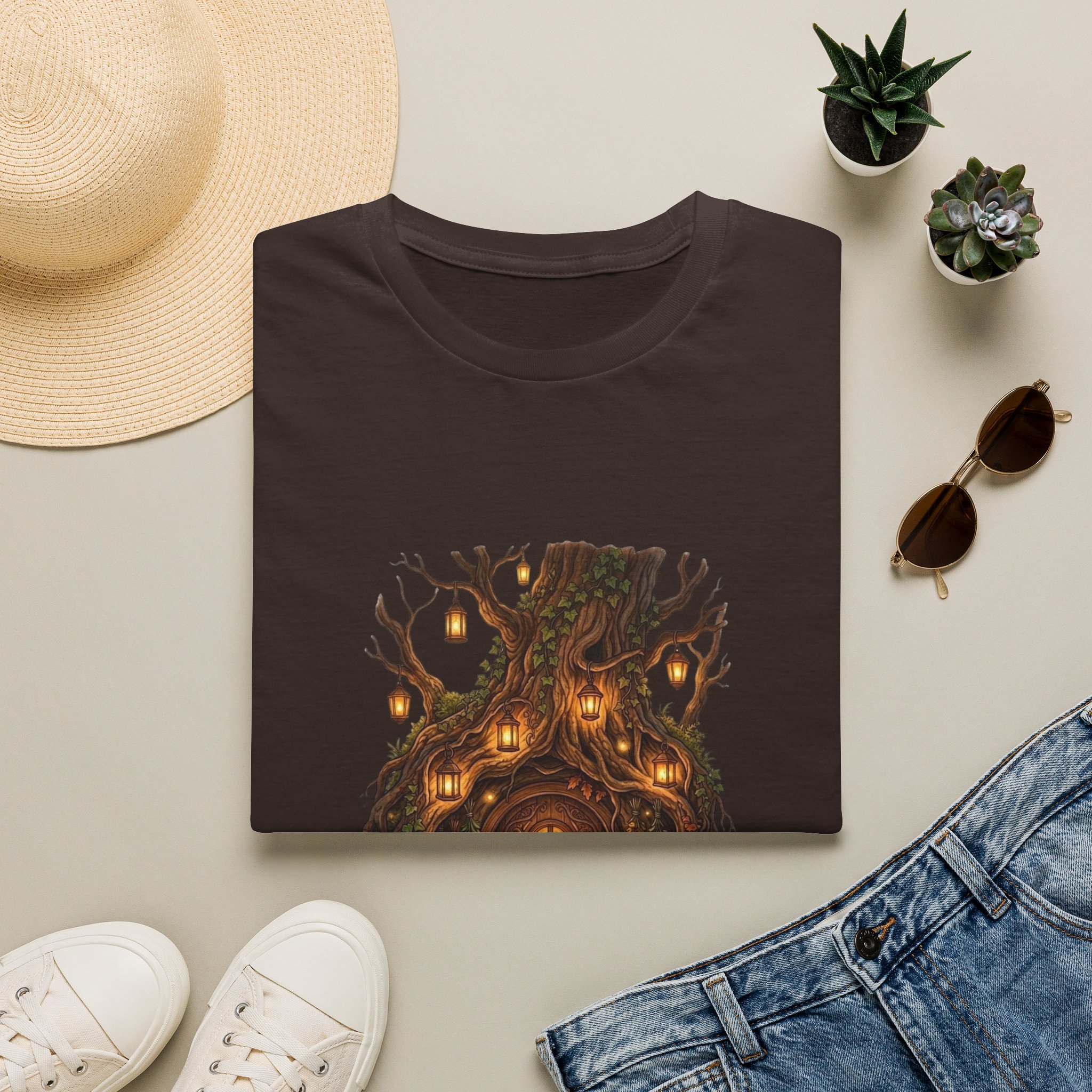 Woodland fantasy t‑shirt showing glowing treehouse illustration